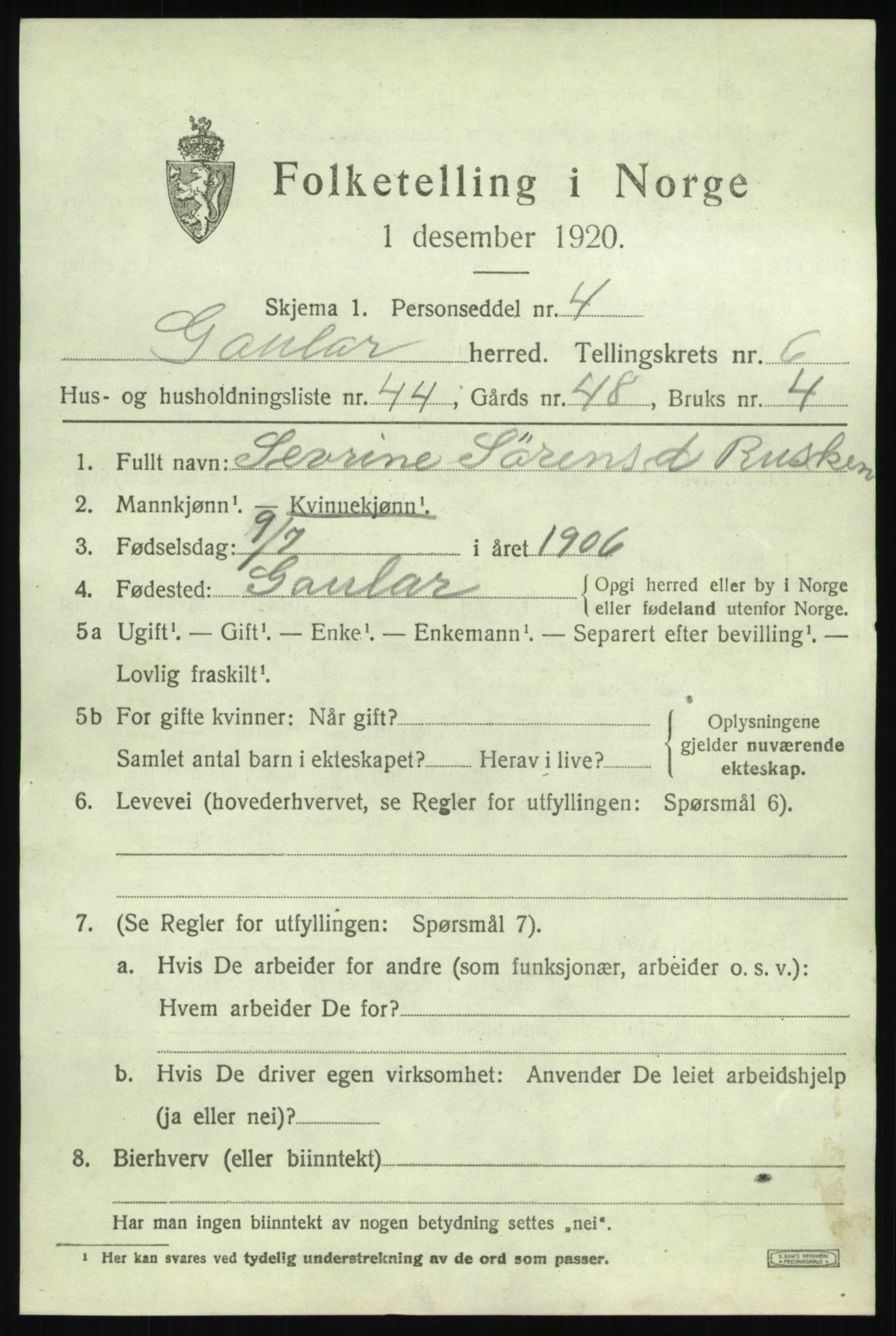 SAB, 1920 census for Gaular, 1920, p. 3440