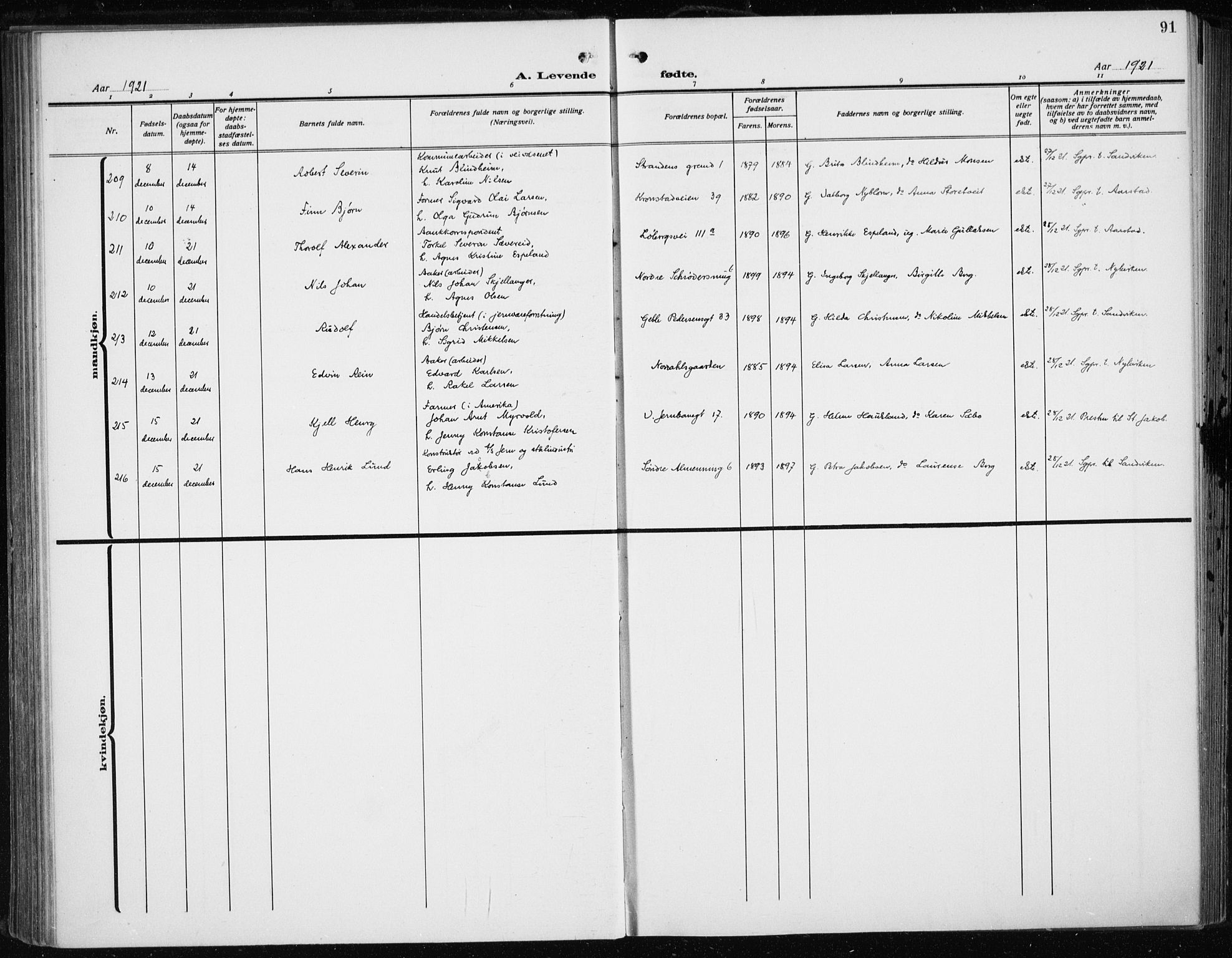 Fødselsstiftelsens sokneprestembete*, SAB/-: Parish register (official) no. A 5, 1918-1926, p. 91