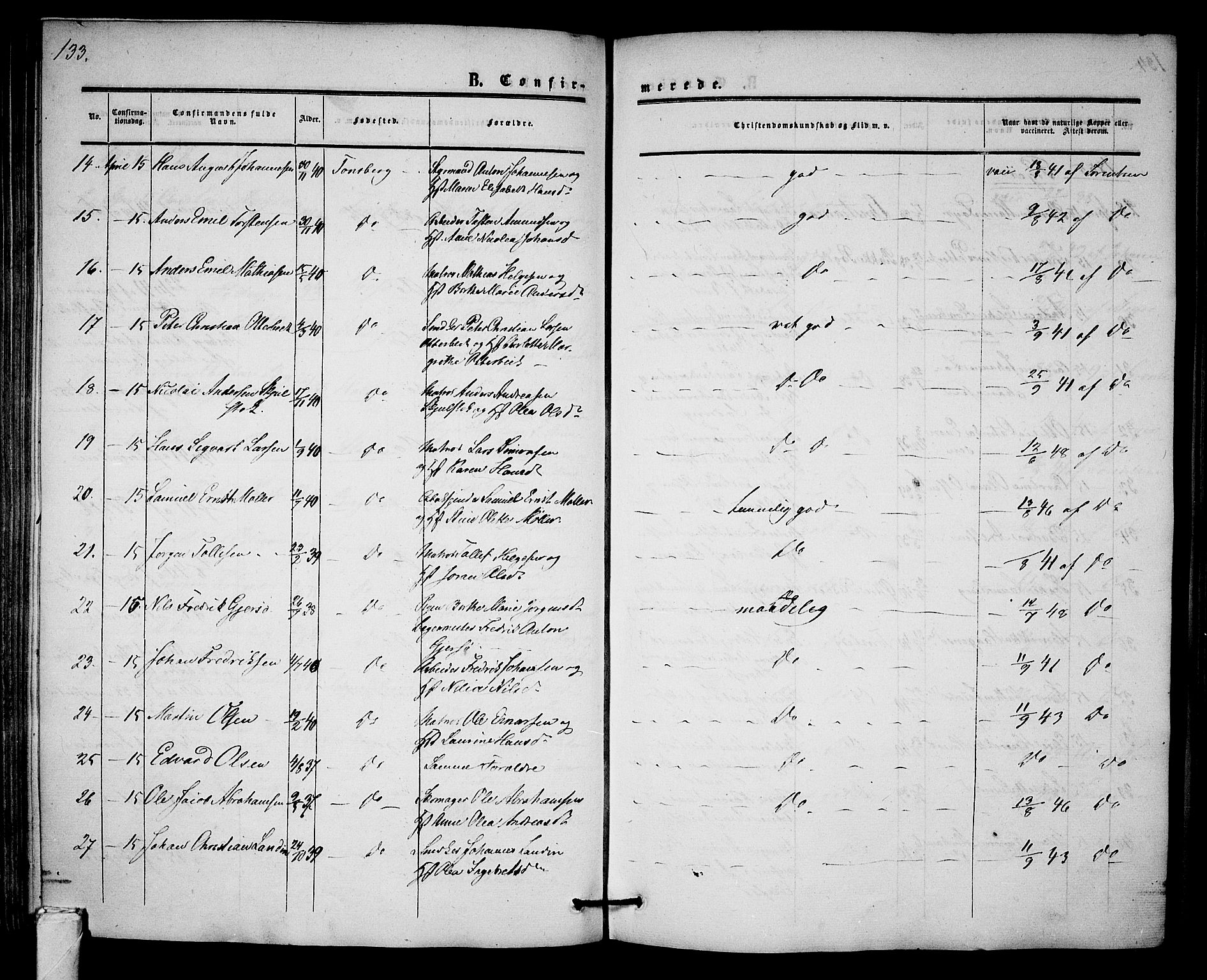 Tønsberg kirkebøker, AV/SAKO-A-330/G/Ga/L0003: Parish register (copy) no. 3, 1855-1864, p. 133