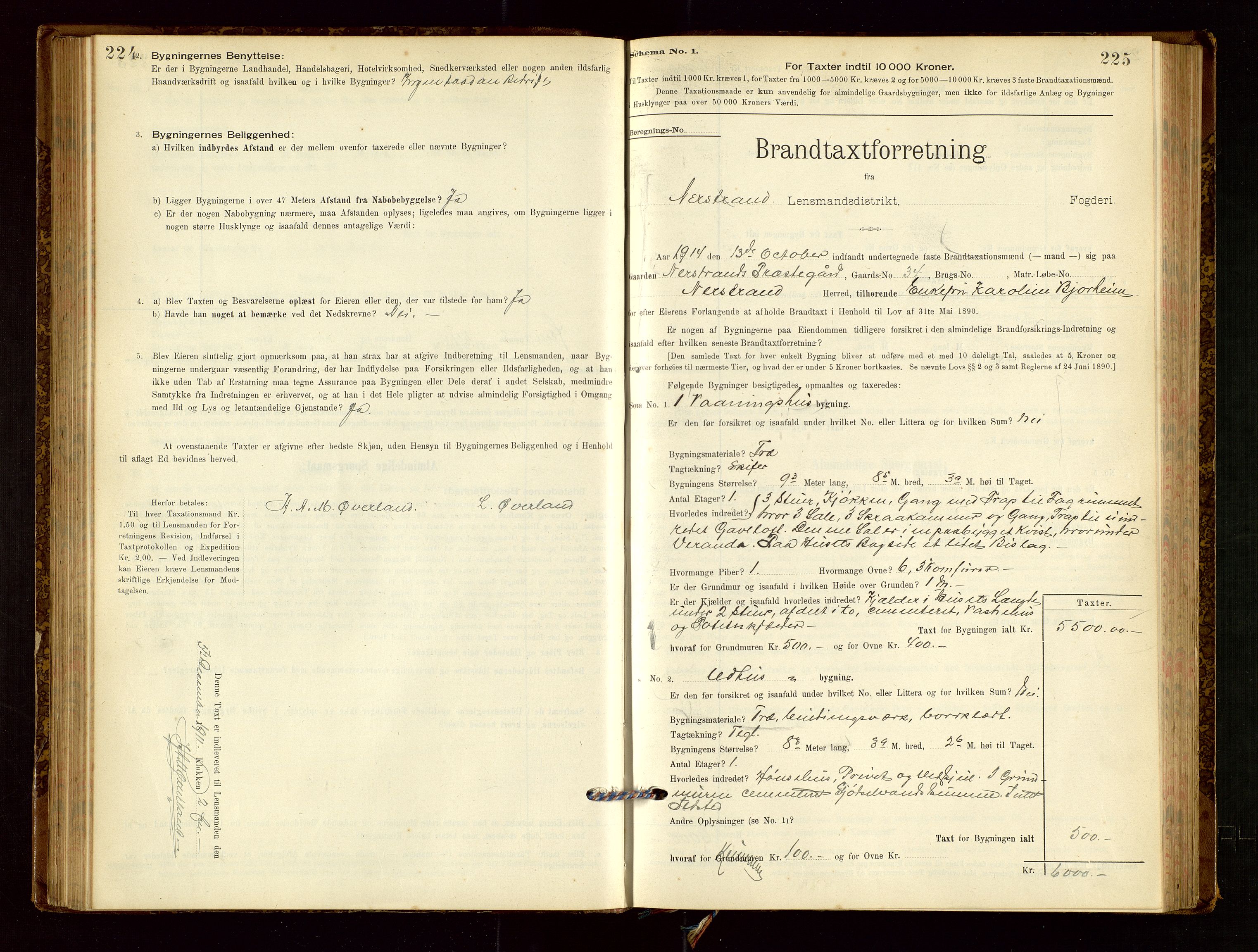 Nedstrand lensmannskontor, SAST/A-100236/Gob/L0001: "Brandtaxationsprotokol for Nerstrand Lensmandsdistrikt Ryfylke fogderi", 1895-1915, p. 224-225