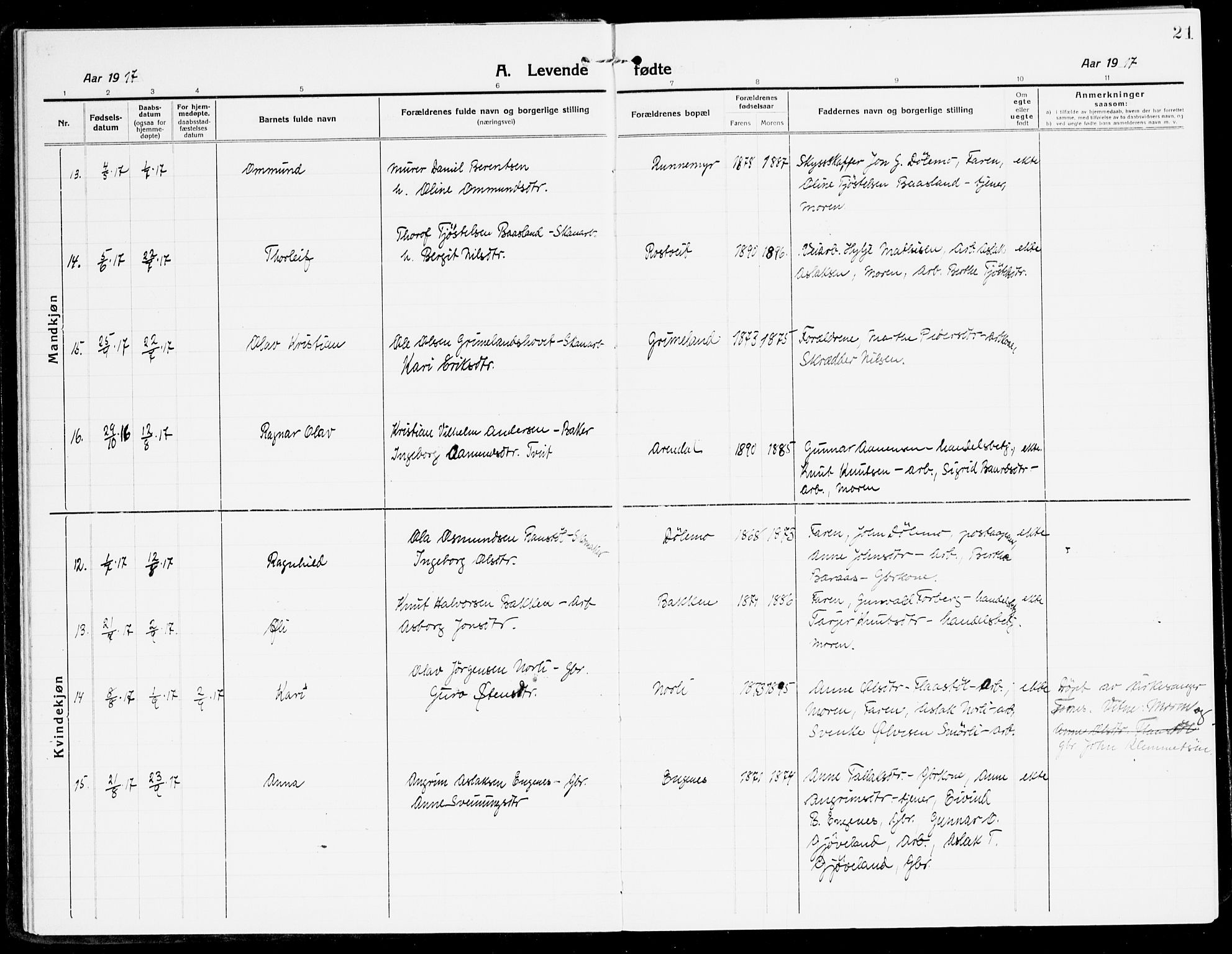 Åmli sokneprestkontor, AV/SAK-1111-0050/F/Fa/Fac/L0013: Parish register (official) no. A 13, 1914-1933, p. 21