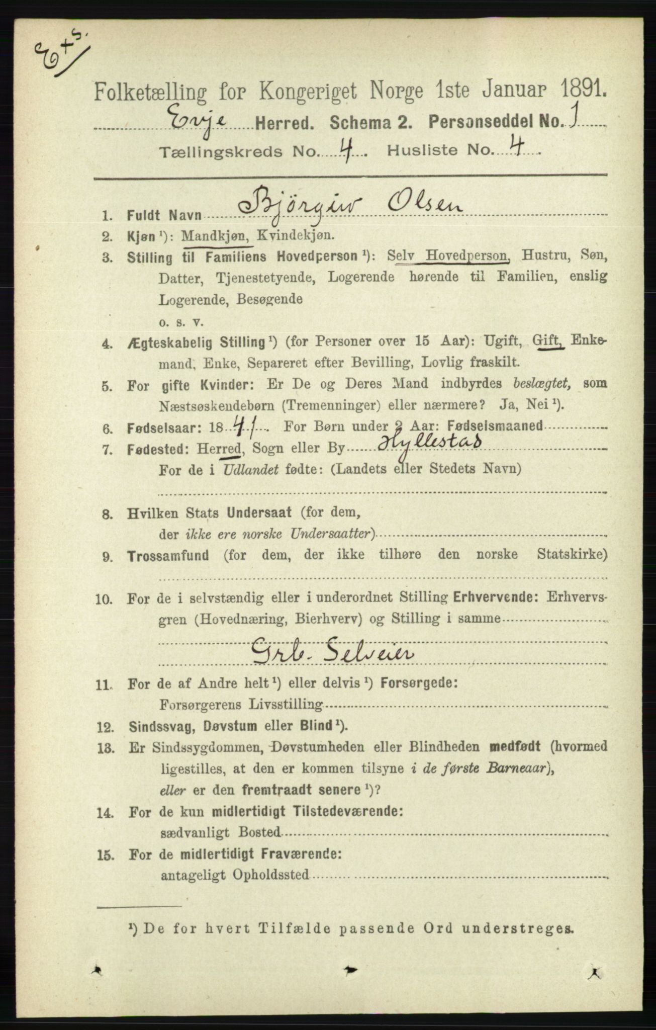 RA, Census 1891 for Nedenes amt: Gjenparter av personsedler for beslektede ektefeller, menn, 1891, p. 1007