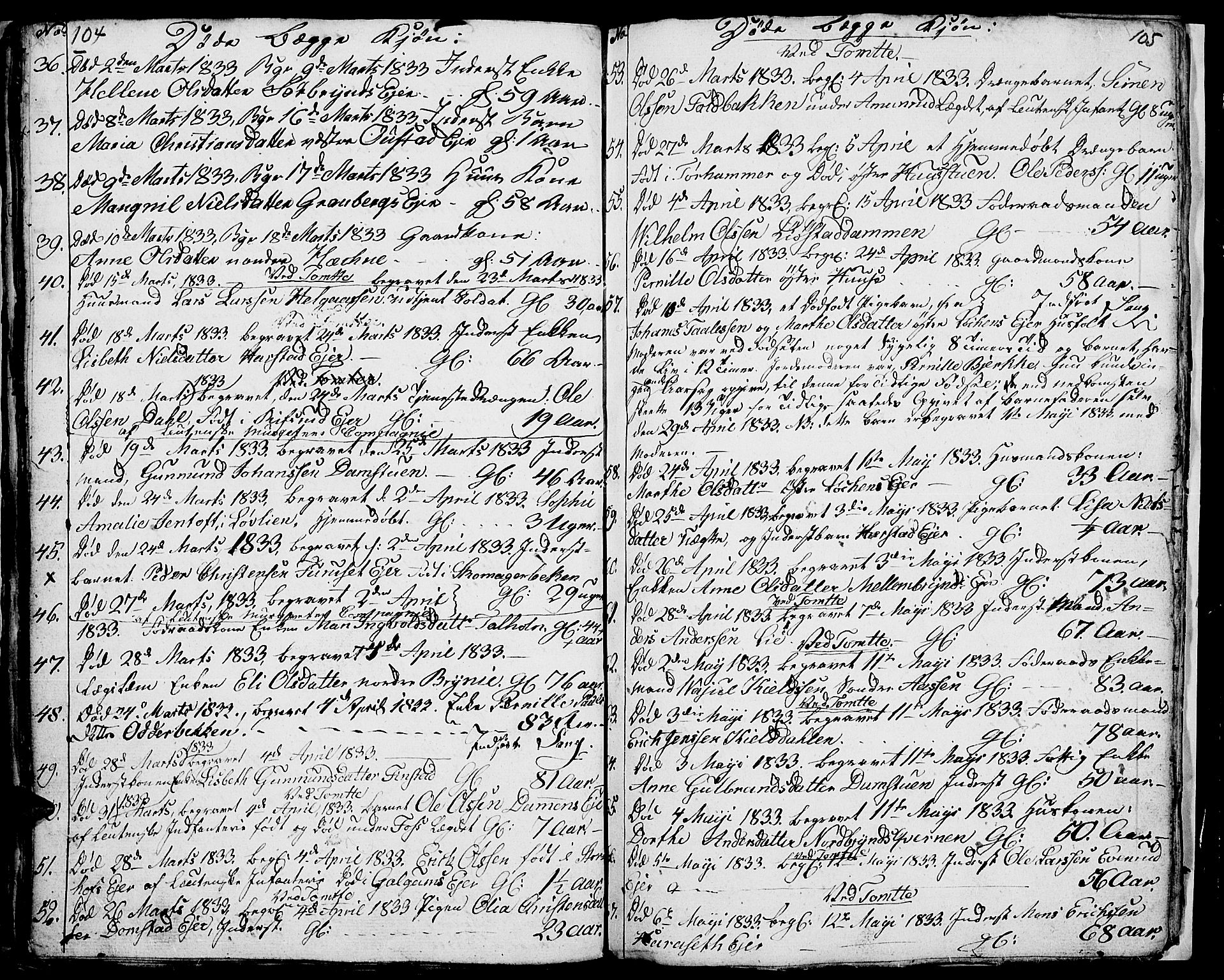 Romedal prestekontor, SAH/PREST-004/L/L0007: Parish register (copy) no. 7, 1831-1837, p. 104-105
