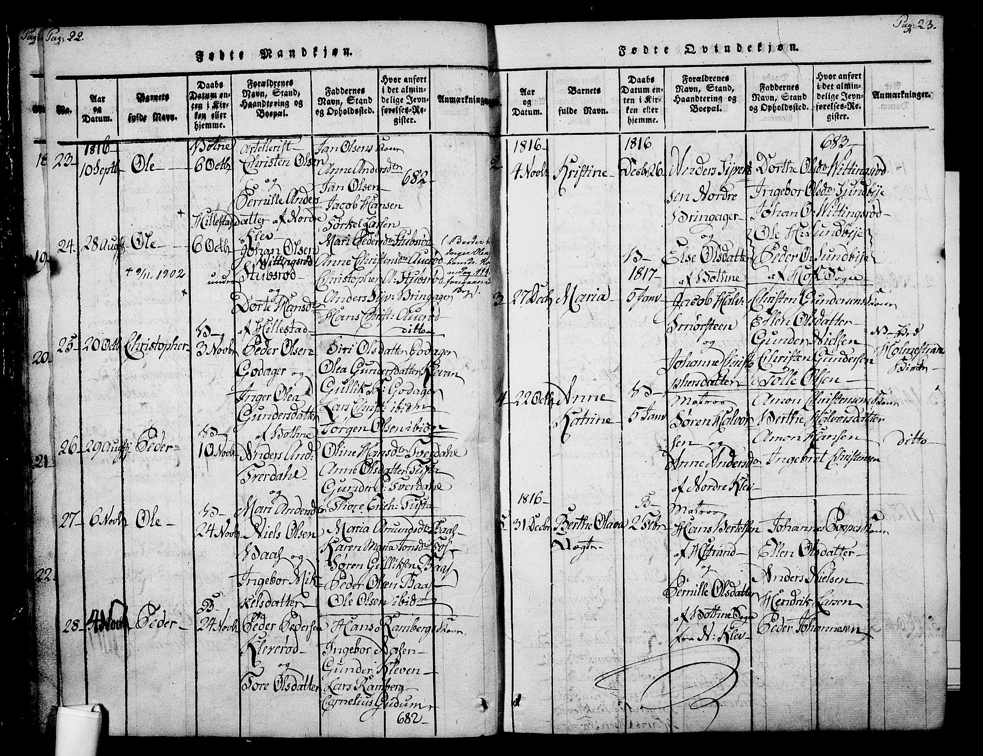 Botne kirkebøker, AV/SAKO-A-340/F/Fa/L0005: Parish register (official) no. I 5, 1814-1836, p. 22-23