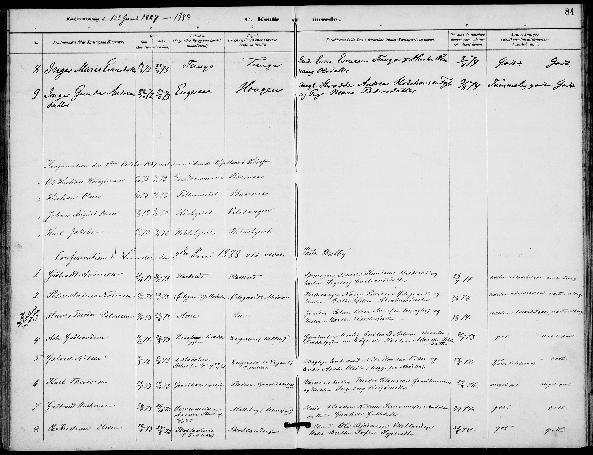 Lunder kirkebøker, AV/SAKO-A-629/F/Fa/L0001: Parish register (official) no. I 1, 1885-1912, p. 84