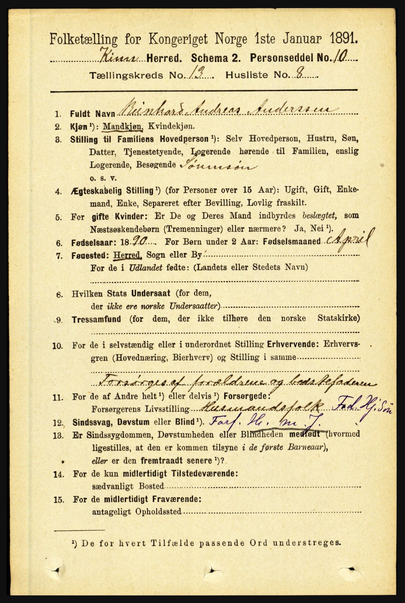 RA, 1891 census for 1437 Kinn, 1891, p. 5113