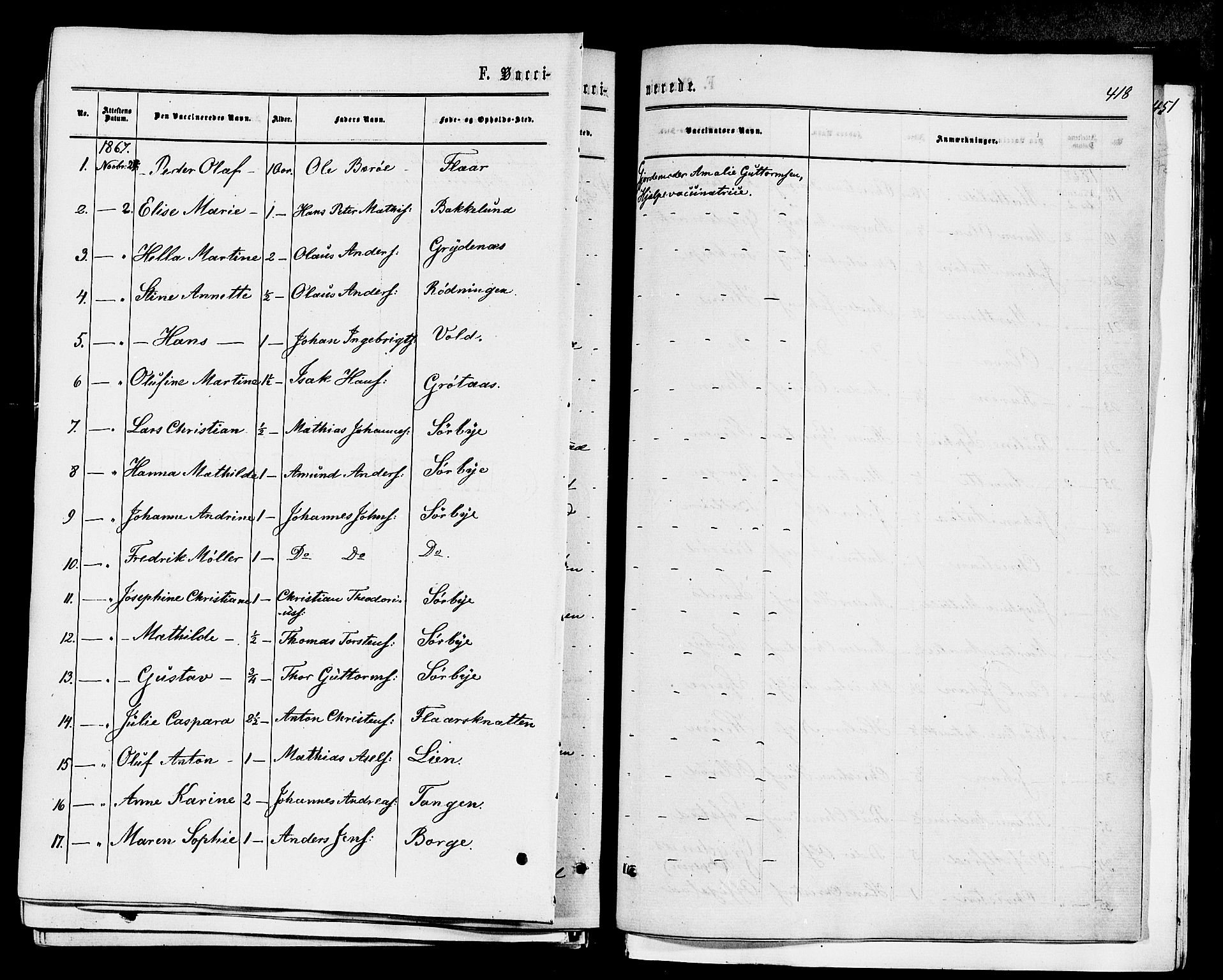 Våle kirkebøker, AV/SAKO-A-334/F/Fa/L0010: Parish register (official) no. I 10, 1861-1877, p. 418