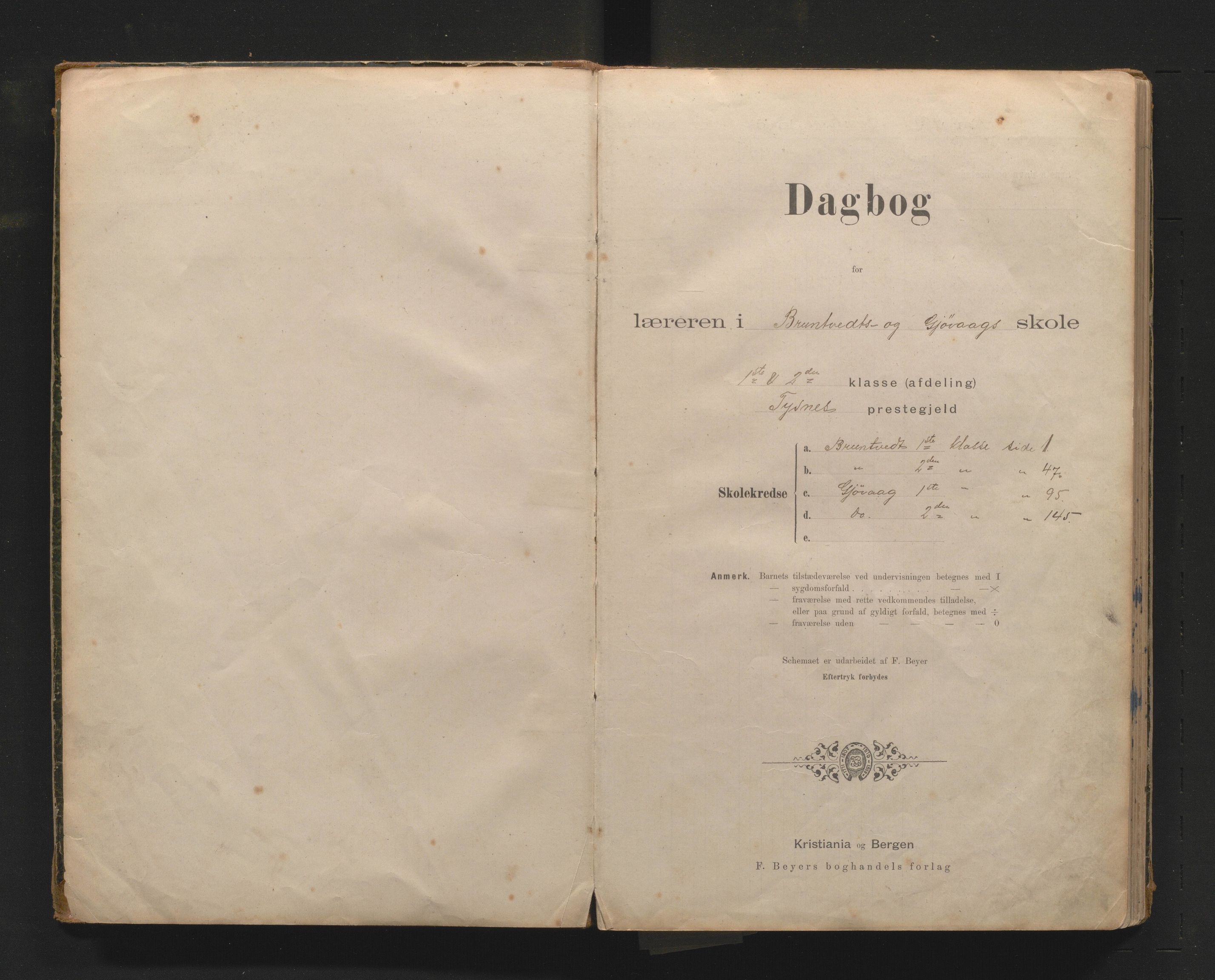 Tysnes kommune. Barneskulane, IKAH/1223-231/G/Ga/Gaa/L0009: Dagbok for Bruntveit og Gjøvåg og Hope krins, 1891-1912