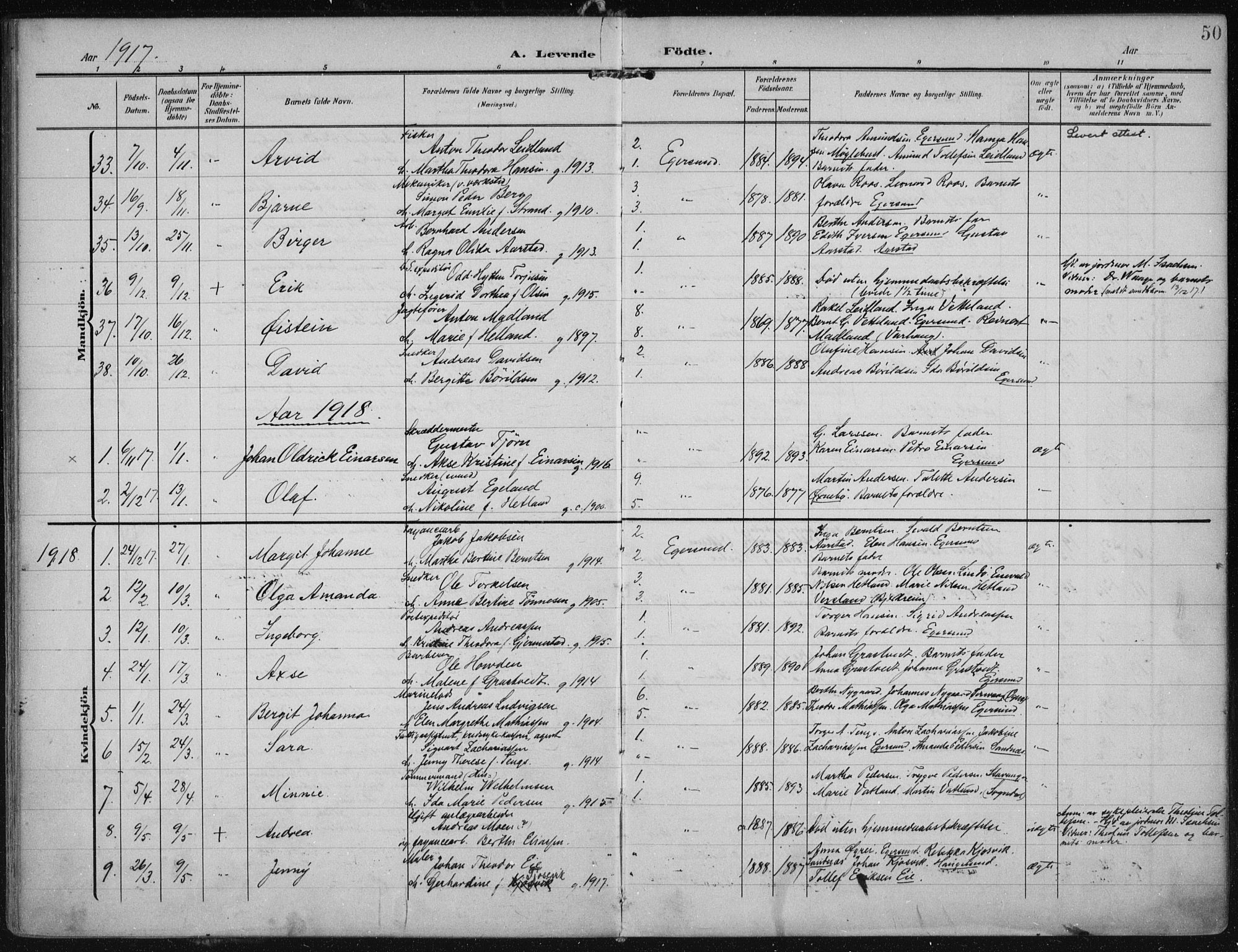 Eigersund sokneprestkontor, SAST/A-101807/S08/L0022: Parish register (official) no. A 21, 1905-1928, p. 50