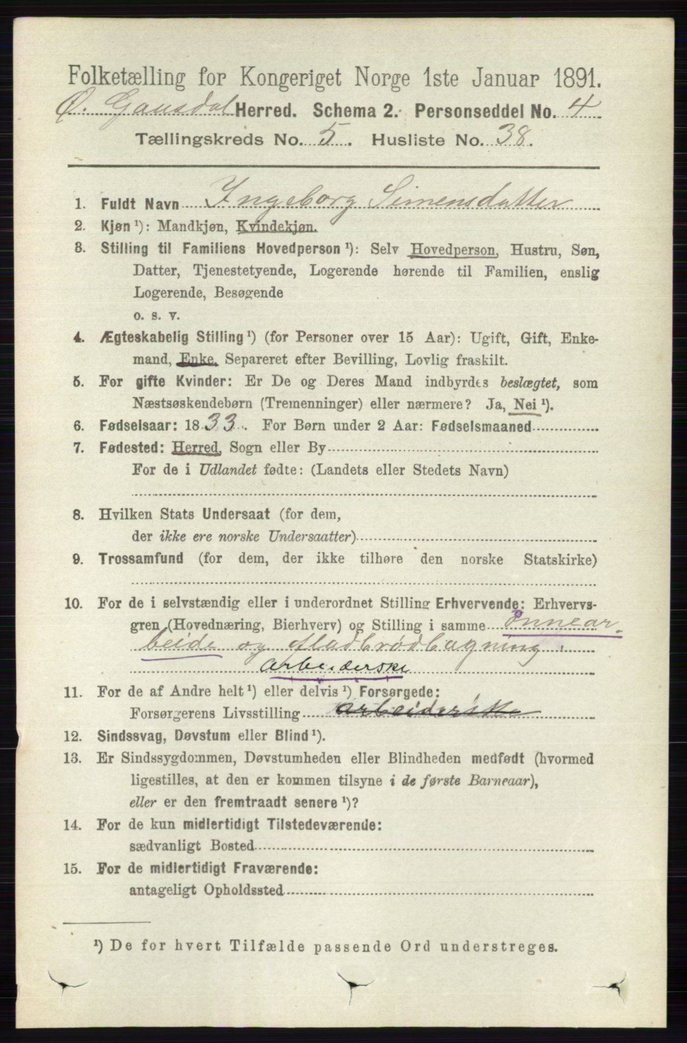 RA, 1891 census for 0522 Østre Gausdal, 1891, p. 3183