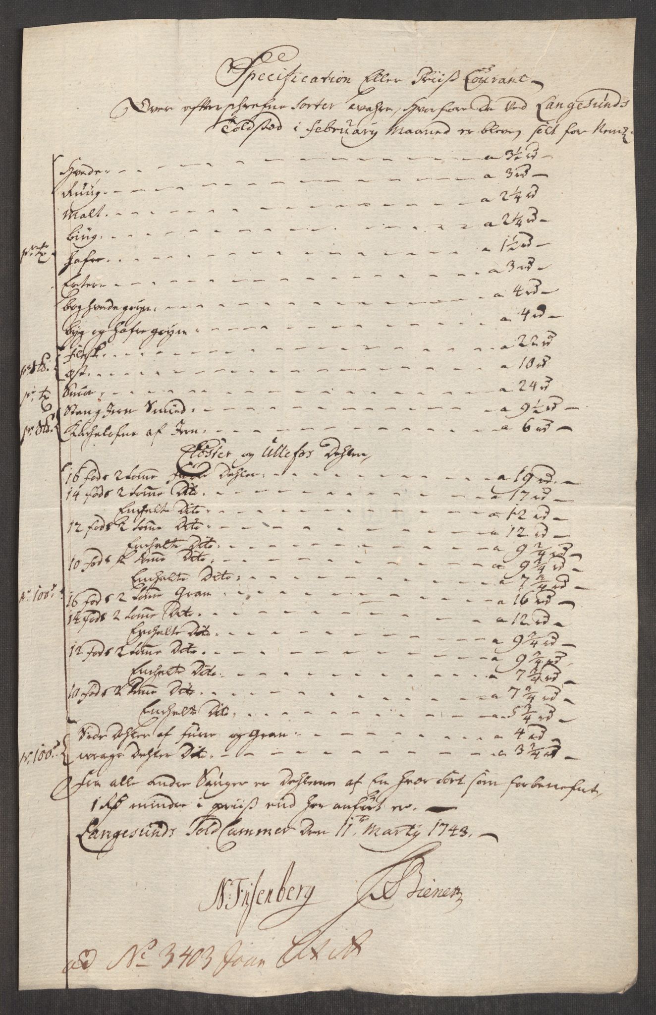 Rentekammeret inntil 1814, Realistisk ordnet avdeling, RA/EA-4070/Oe/L0002: [Ø1]: Priskuranter, 1740-1744, p. 725