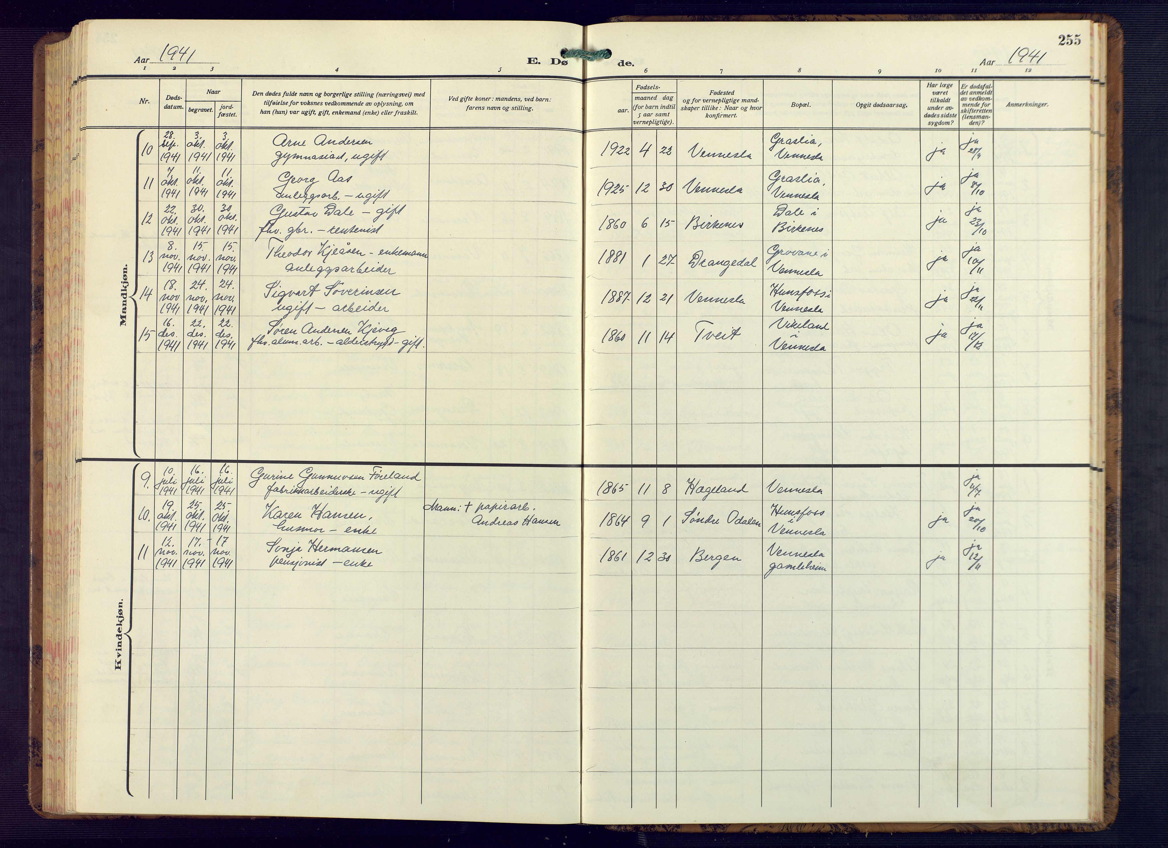 Vennesla sokneprestkontor, AV/SAK-1111-0045/Fb/Fbb/L0008: Parish register (copy) no. B 8, 1934-1947, p. 255