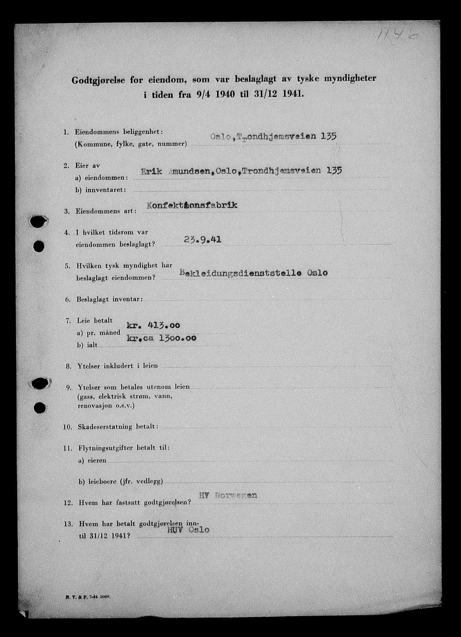 Justisdepartementet, Tilbakeføringskontoret for inndratte formuer, AV/RA-S-1564/I/L1010: Godtgjørelse for beslaglagt eiendom, 1940-1941, p. 306