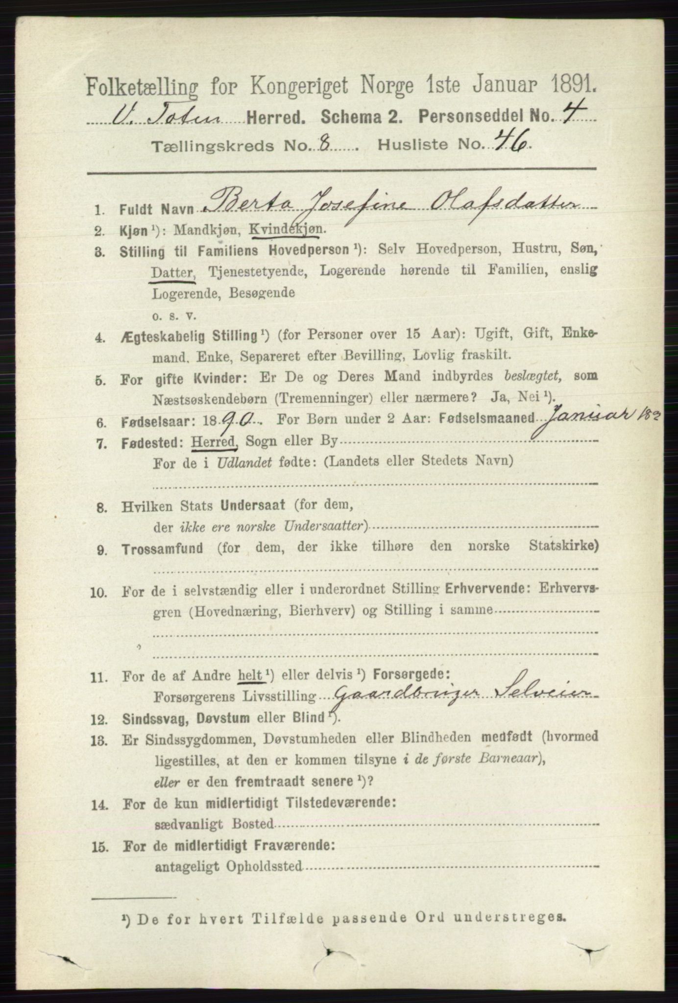 RA, 1891 census for 0529 Vestre Toten, 1891, p. 5294