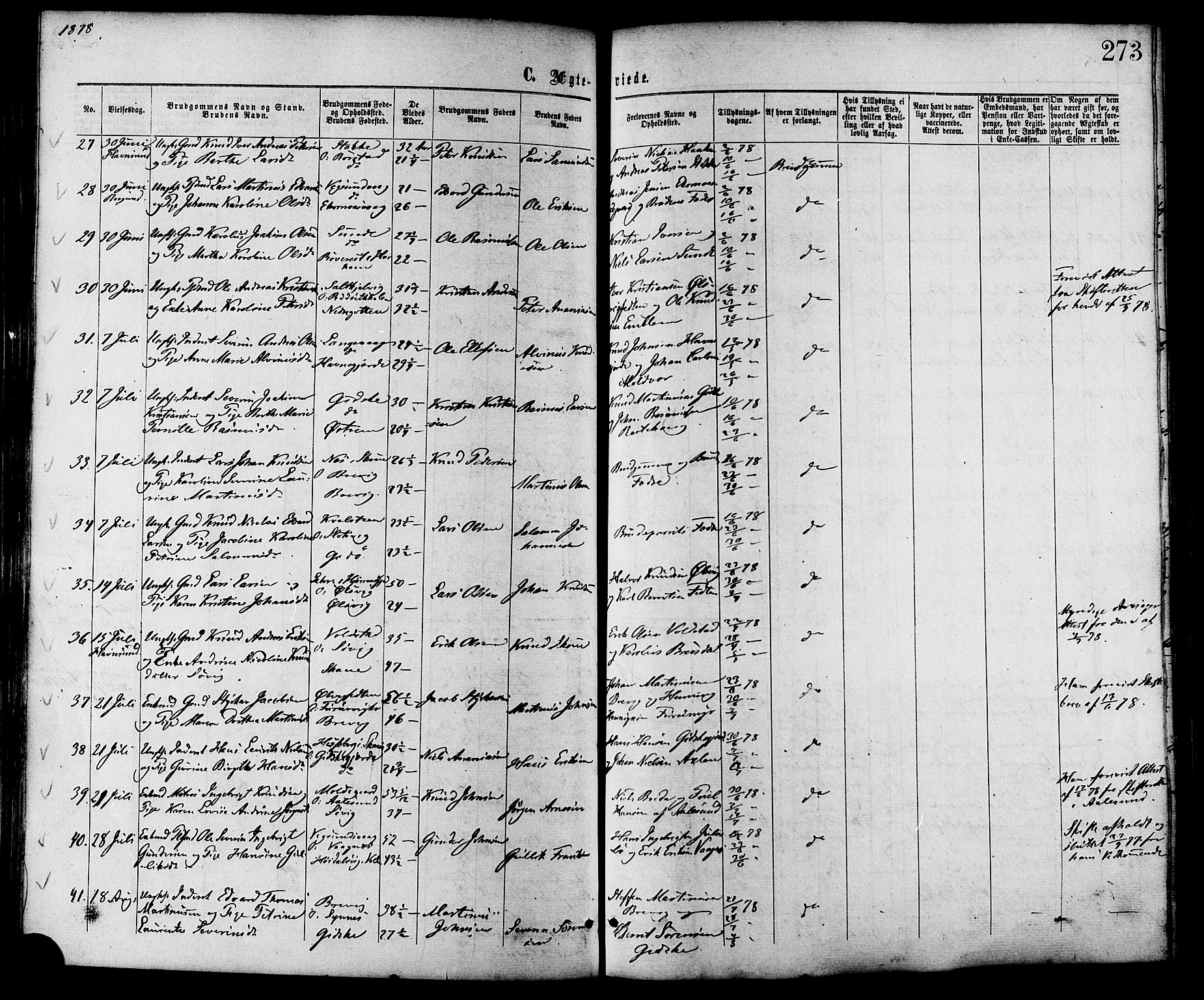 Ministerialprotokoller, klokkerbøker og fødselsregistre - Møre og Romsdal, SAT/A-1454/528/L0399: Parish register (official) no. 528A10, 1864-1879, p. 273
