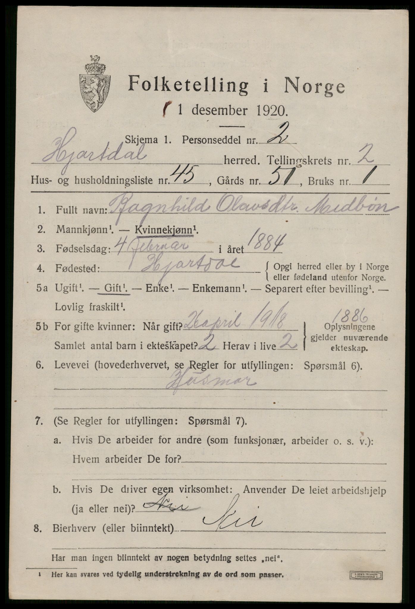 SAKO, 1920 census for Hjartdal, 1920, p. 2286