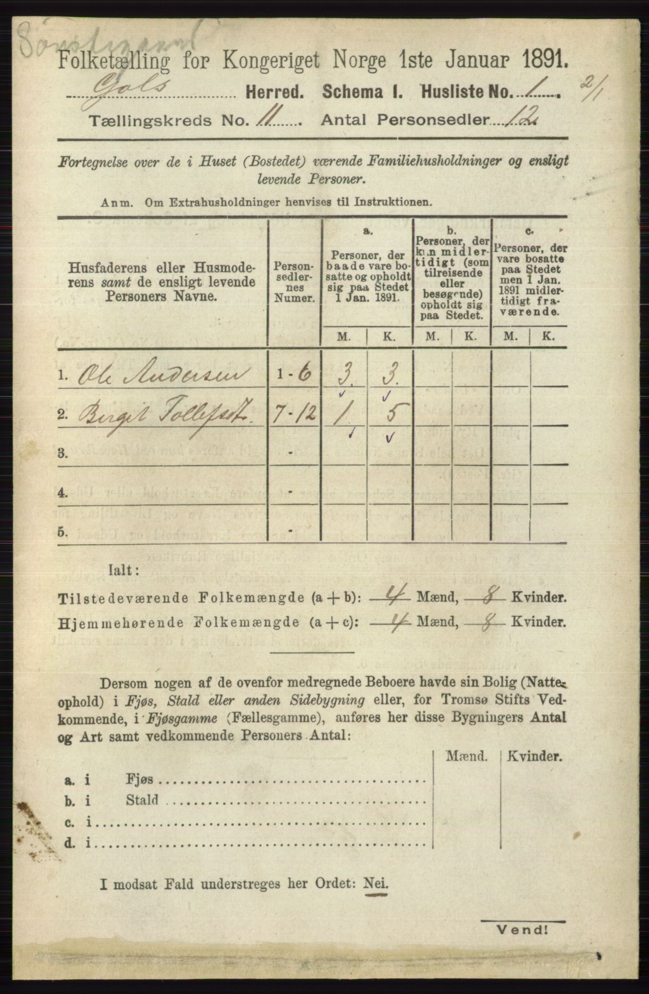 RA, 1891 census for 0617 Gol og Hemsedal, 1891, p. 4282