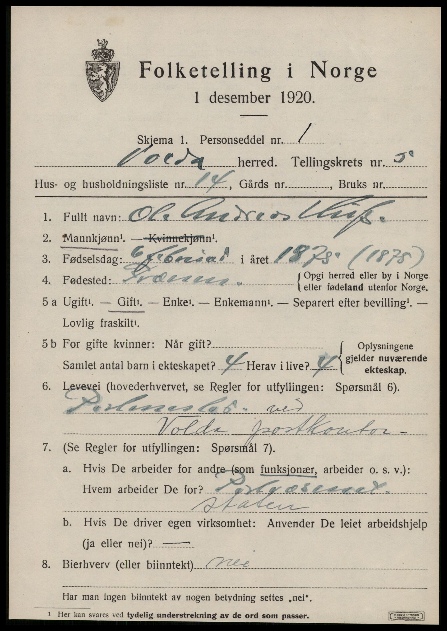 SAT, 1920 census for Volda, 1920, p. 3932