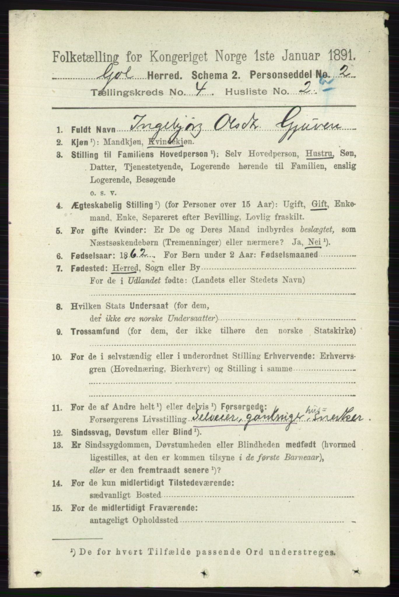 RA, 1891 census for 0617 Gol og Hemsedal, 1891, p. 1824