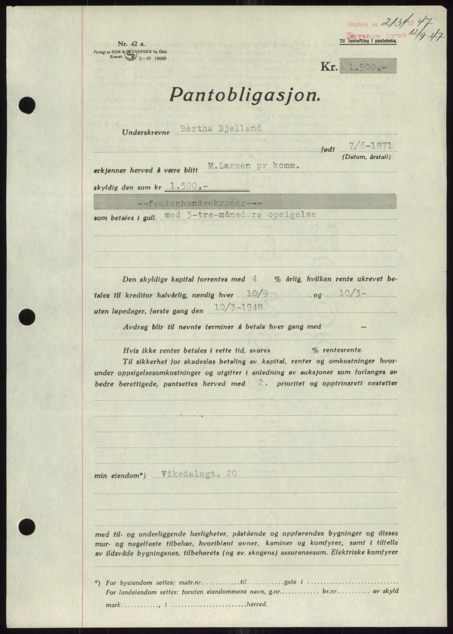 Stavanger byrett, SAST/A-100455/002/G/Gb/L0032: Mortgage book, 1947-1950, Diary no: : 2134/1947