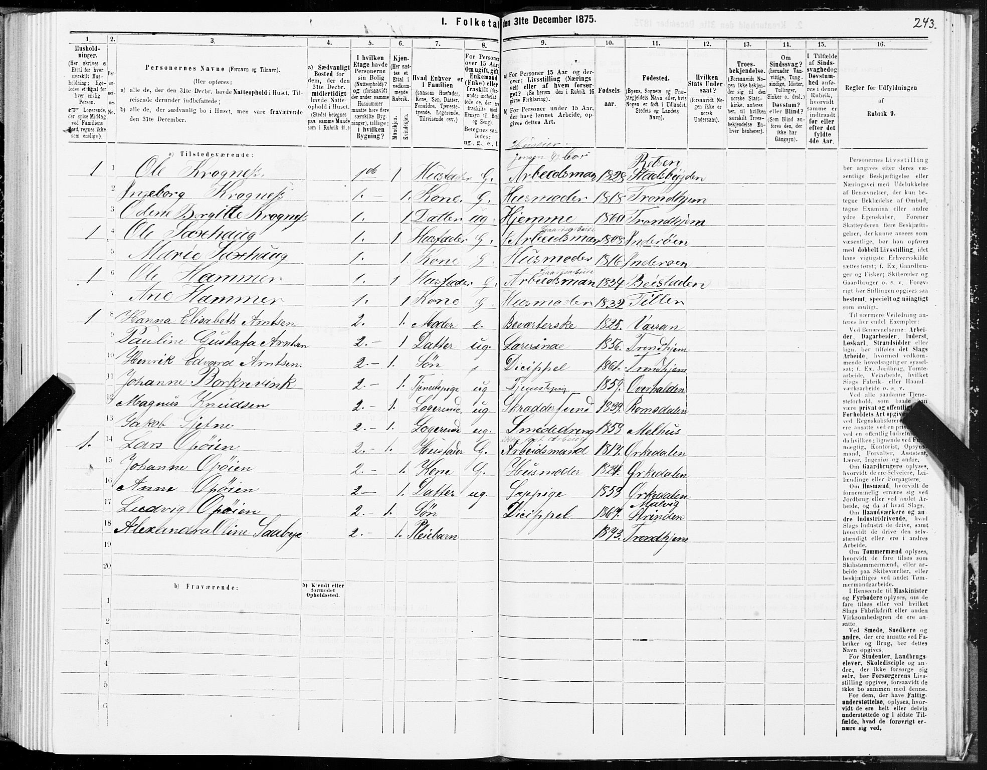 SAT, 1875 census for 1601 Trondheim, 1875, p. 1243