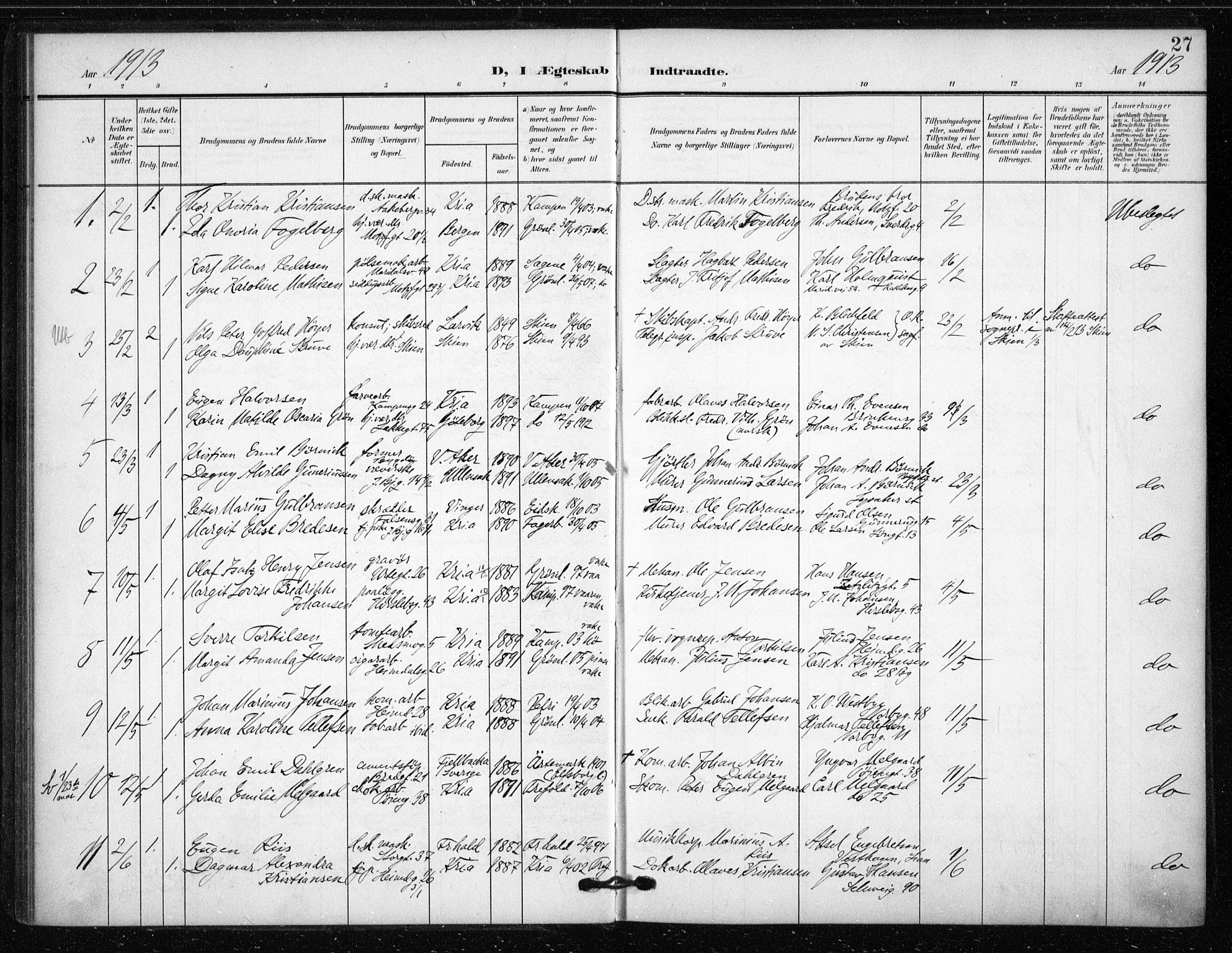 Tøyen prestekontor Kirkebøker, SAO/A-10167a/F/Fa/L0002: Parish register (official) no. 2, 1907-1916, p. 27