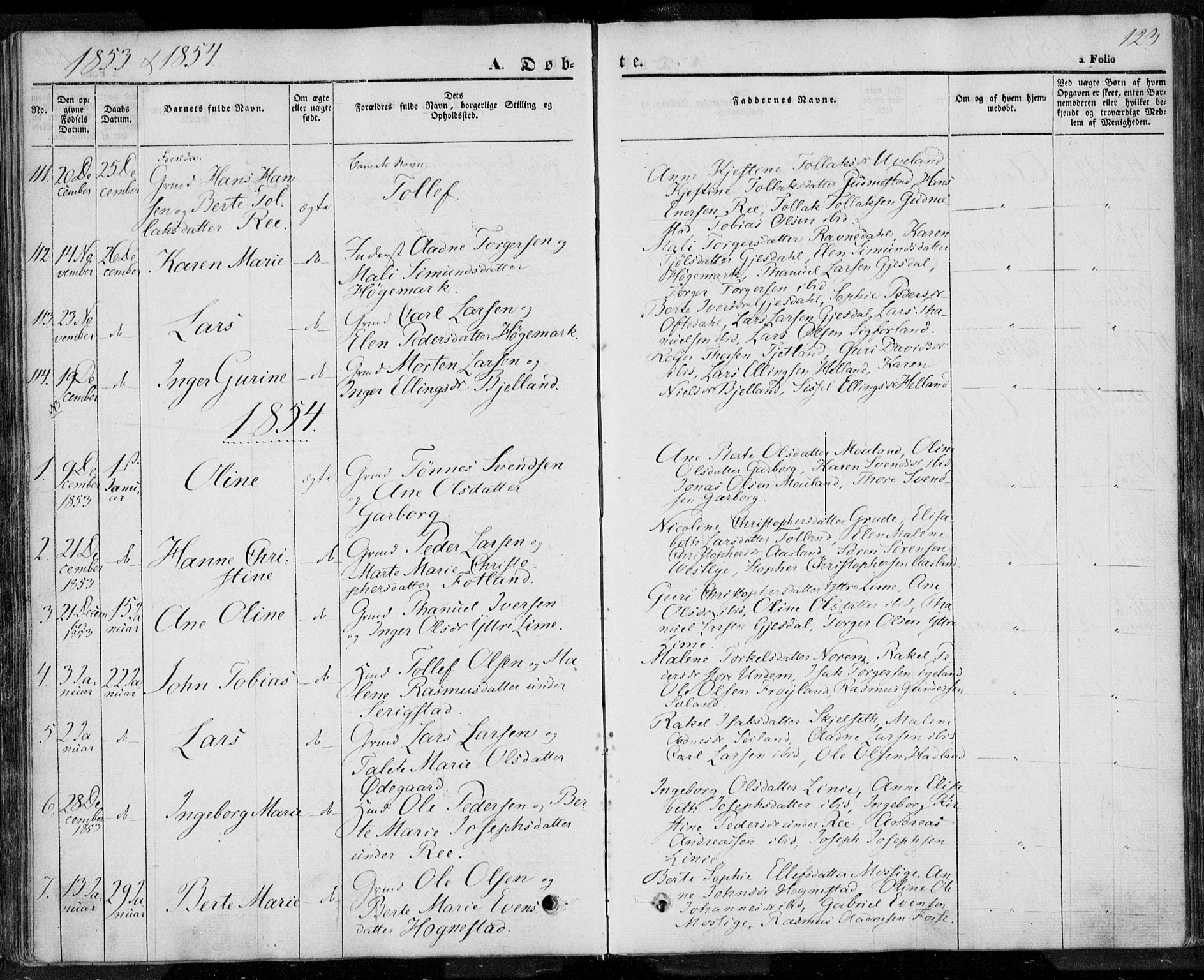 Lye sokneprestkontor, AV/SAST-A-101794/001/30BA/L0005: Parish register (official) no. A 5.1, 1842-1855, p. 123