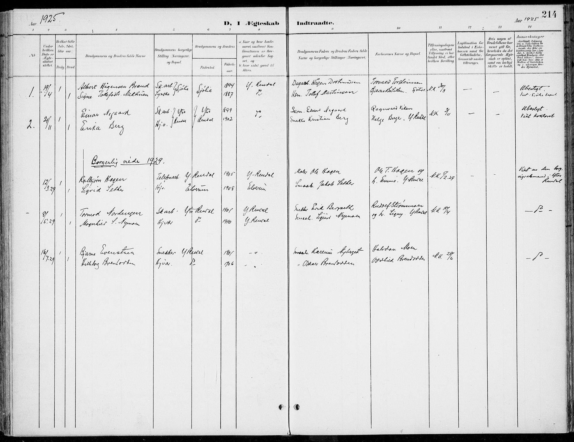 Rendalen prestekontor, SAH/PREST-054/H/Ha/Haa/L0011: Parish register (official) no. 11, 1901-1925, p. 214