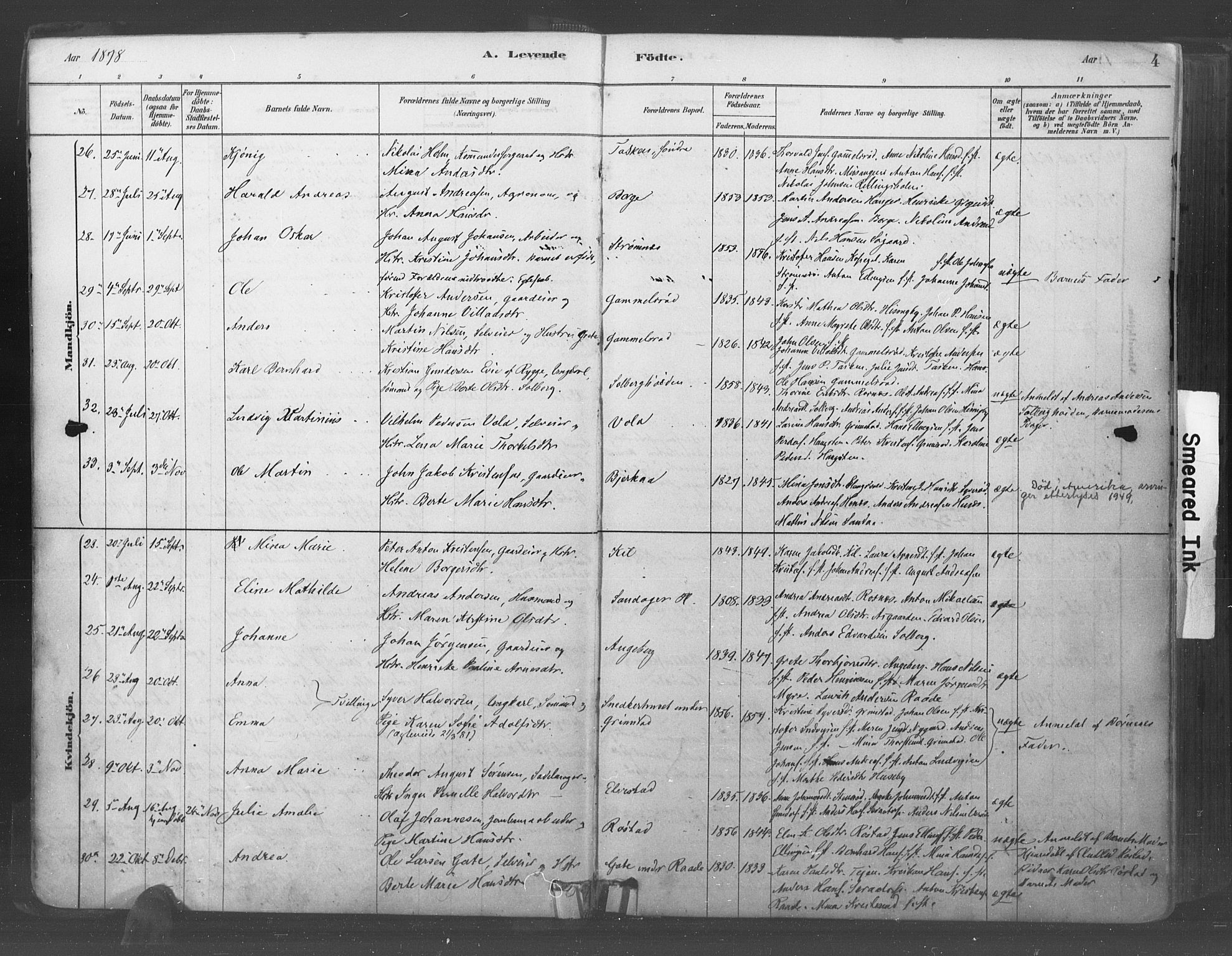 Råde prestekontor kirkebøker, SAO/A-2009/F/Fa/L0007: Parish register (official) no. 7, 1878-1902, p. 4