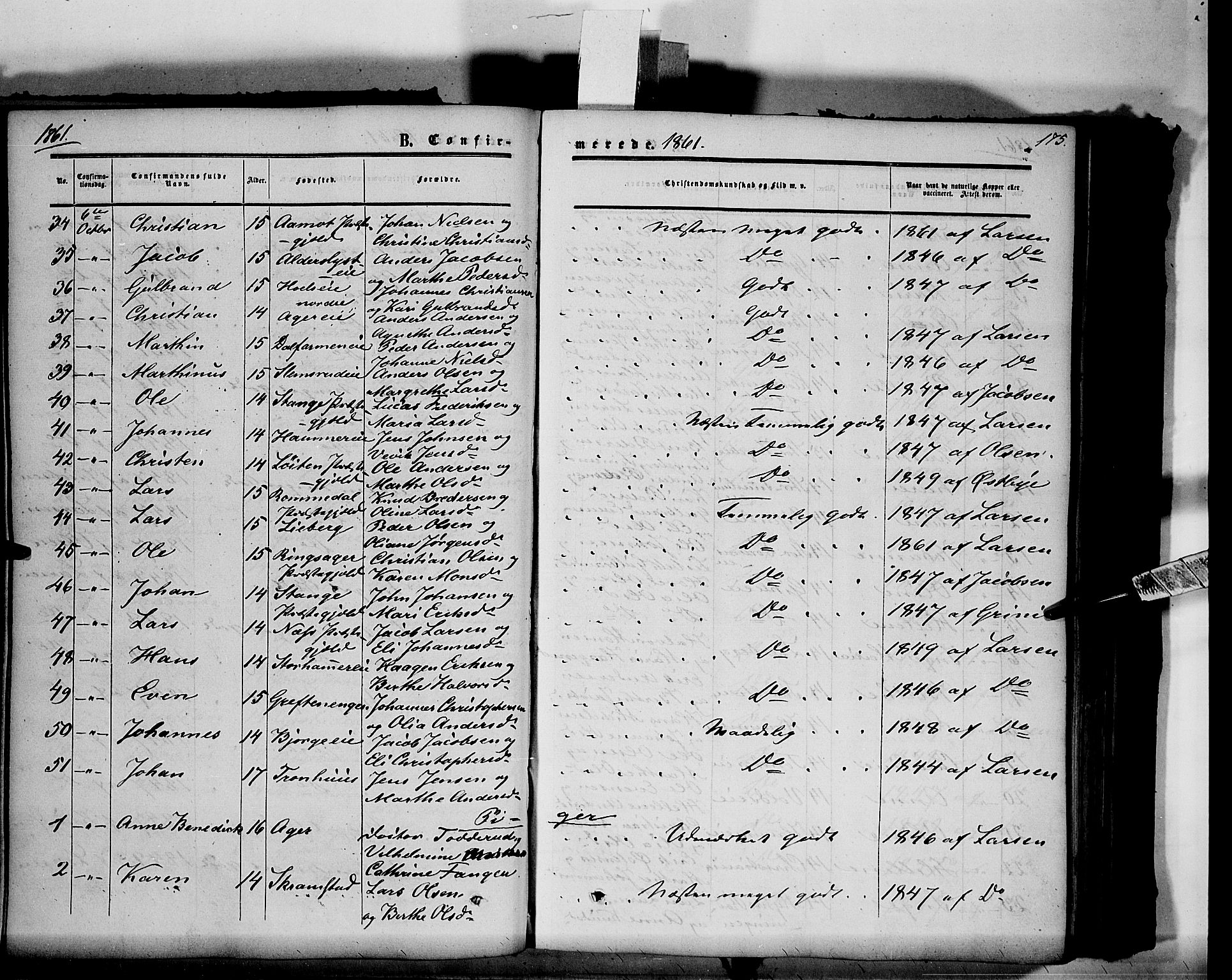 Vang prestekontor, Hedmark, SAH/PREST-008/H/Ha/Haa/L0012: Parish register (official) no. 12, 1855-1870, p. 175