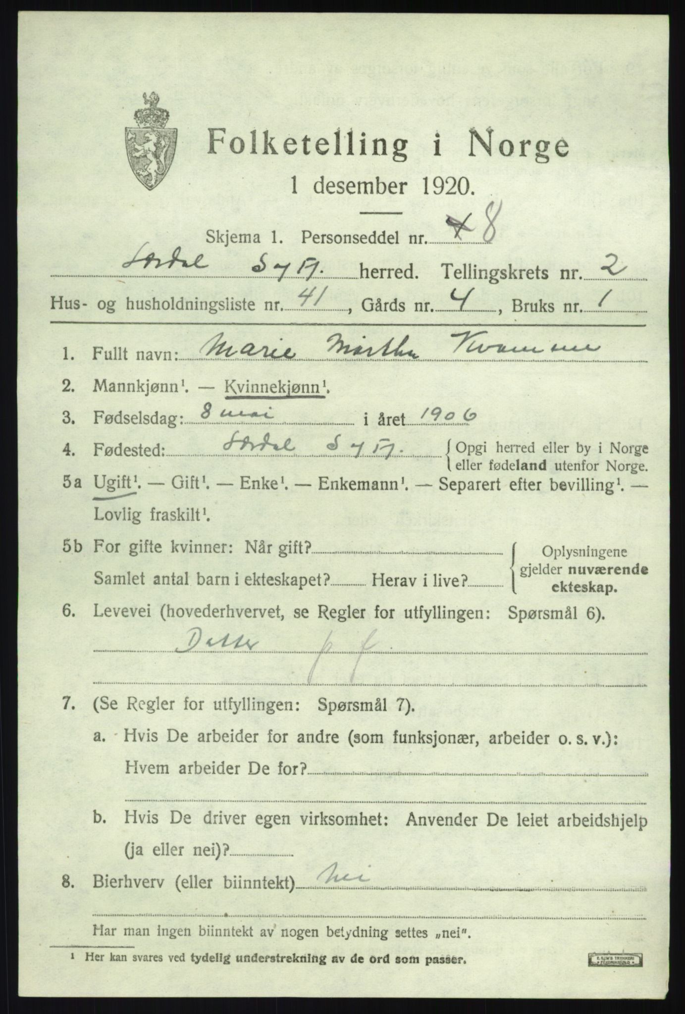 SAB, 1920 census for Lærdal, 1920, p. 1754