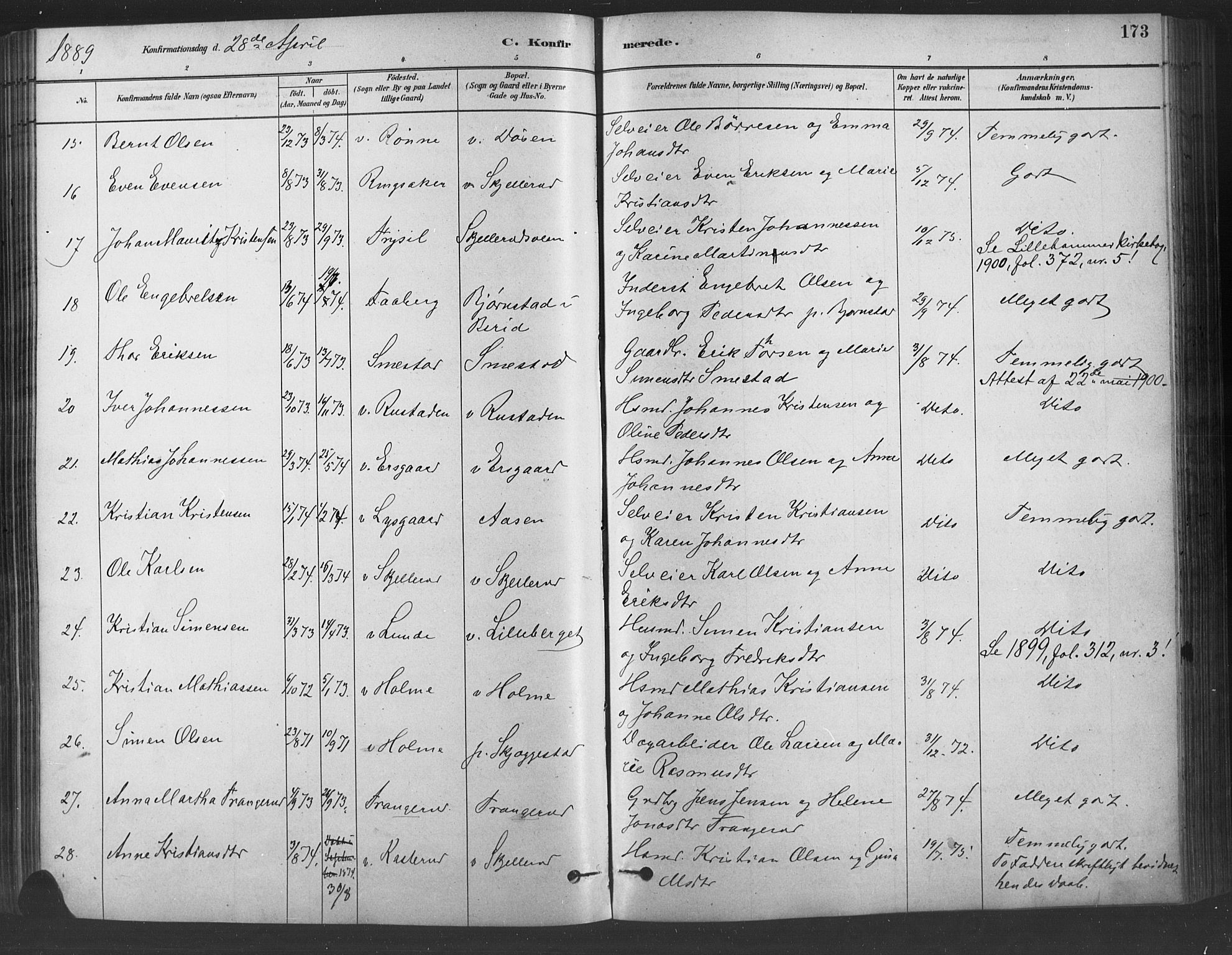 Fåberg prestekontor, SAH/PREST-086/H/Ha/Haa/L0009: Parish register (official) no. 9, 1879-1898, p. 173