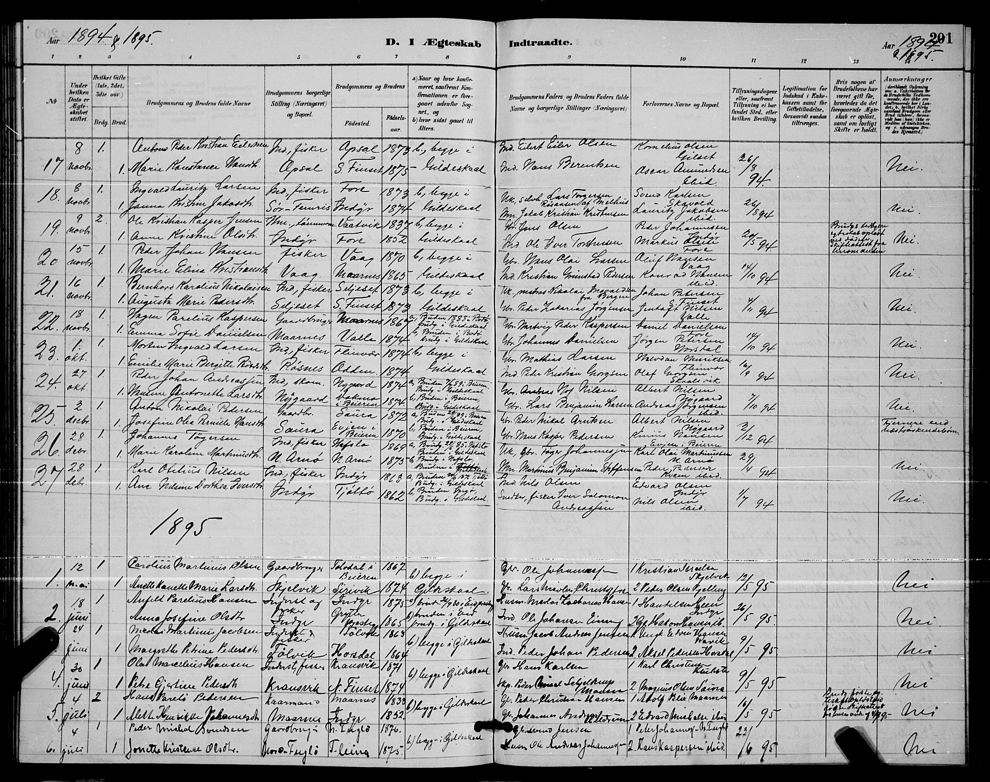 Ministerialprotokoller, klokkerbøker og fødselsregistre - Nordland, AV/SAT-A-1459/805/L0108: Parish register (copy) no. 805C04, 1885-1899, p. 201