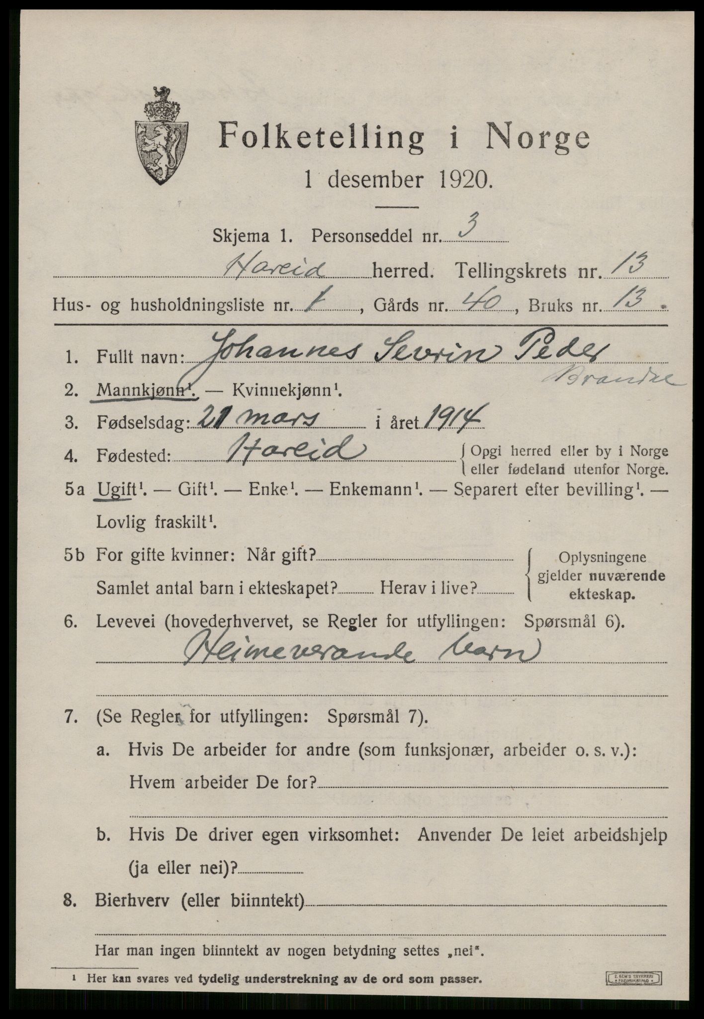 SAT, 1920 census for Hareid, 1920, p. 4933