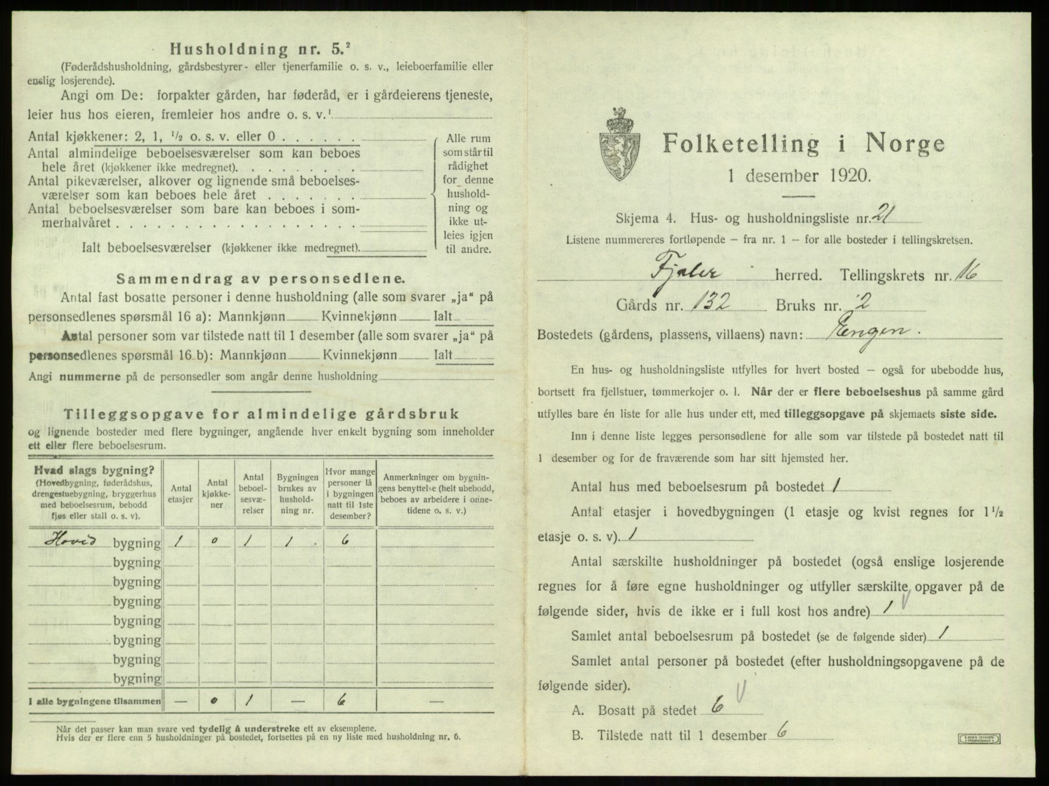 SAB, 1920 census for Fjaler, 1920, p. 1309