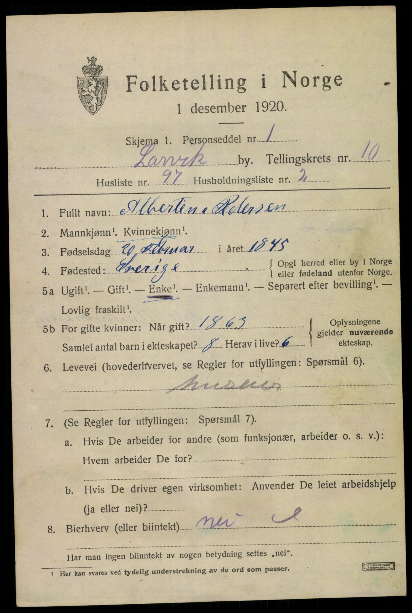 SAKO, 1920 census for Larvik, 1920, p. 28320