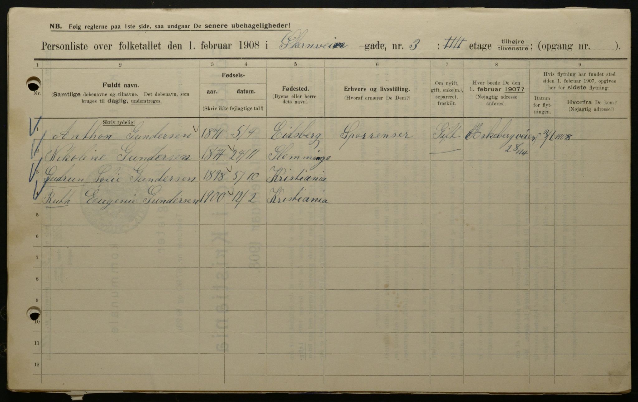 OBA, Municipal Census 1908 for Kristiania, 1908, p. 115574