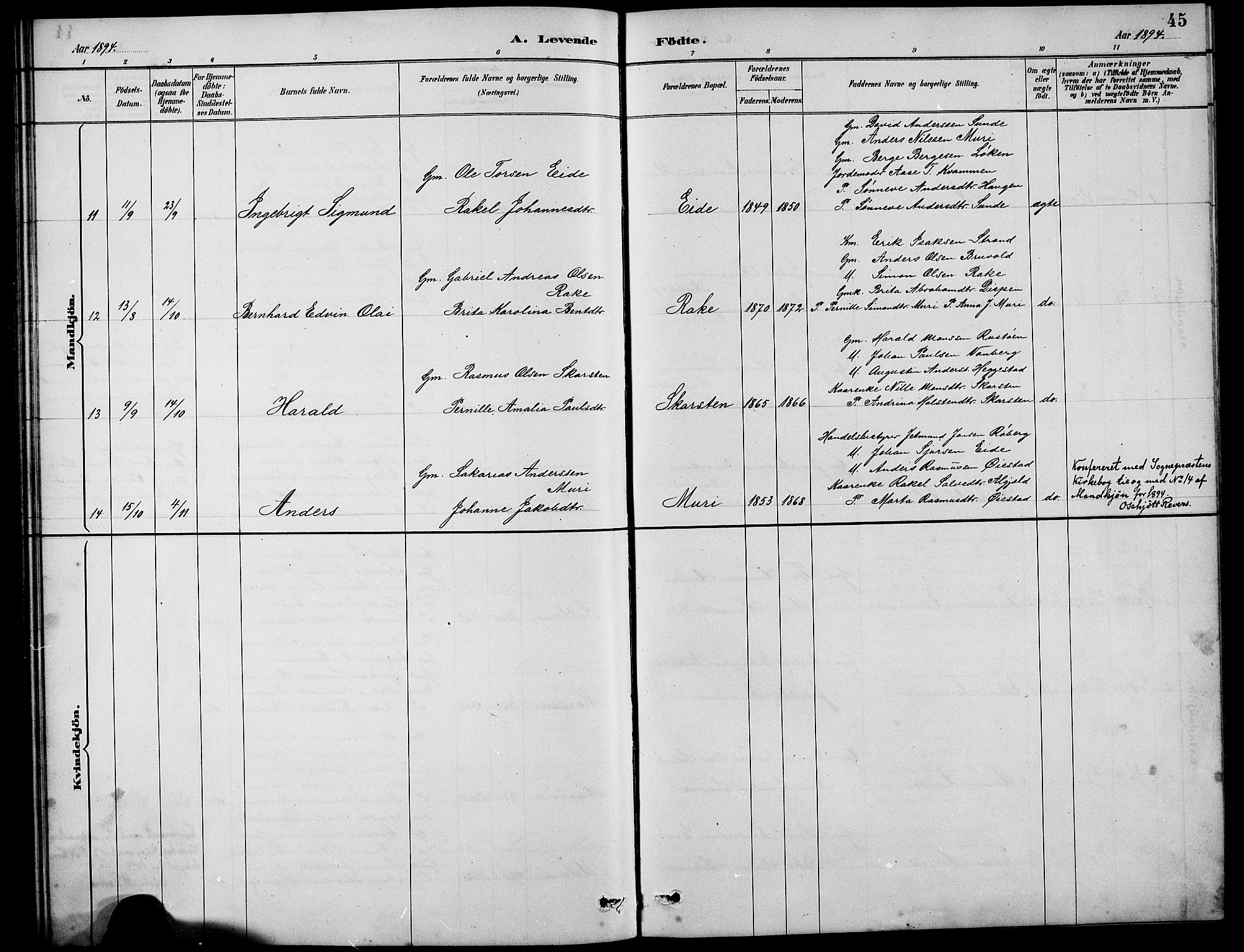 Innvik sokneprestembete, SAB/A-80501: Parish register (copy) no. B 3, 1886-1897, p. 45