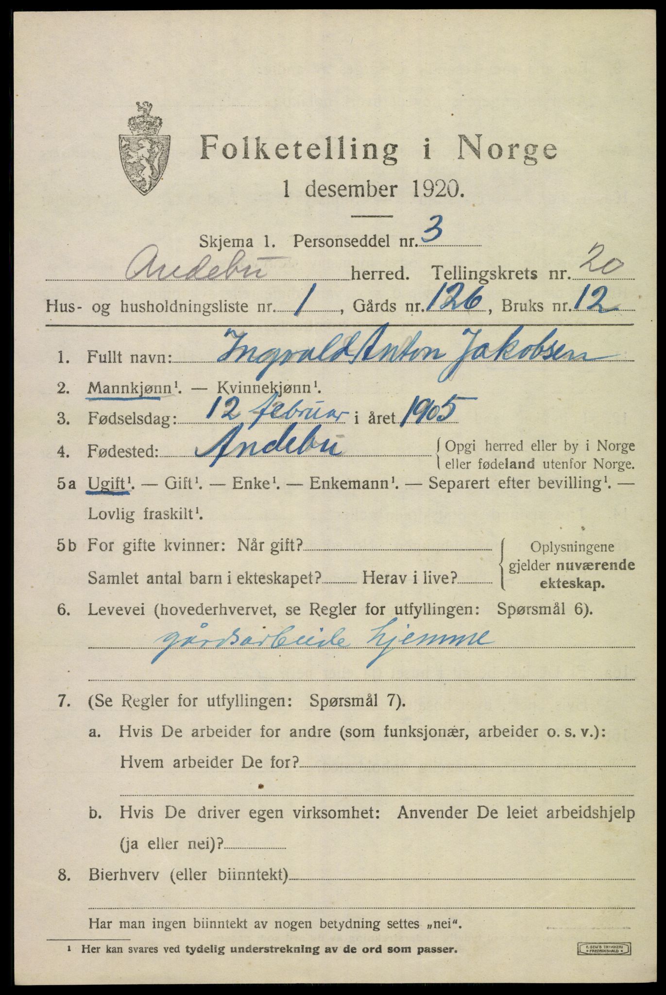 SAKO, 1920 census for Andebu, 1920, p. 6630