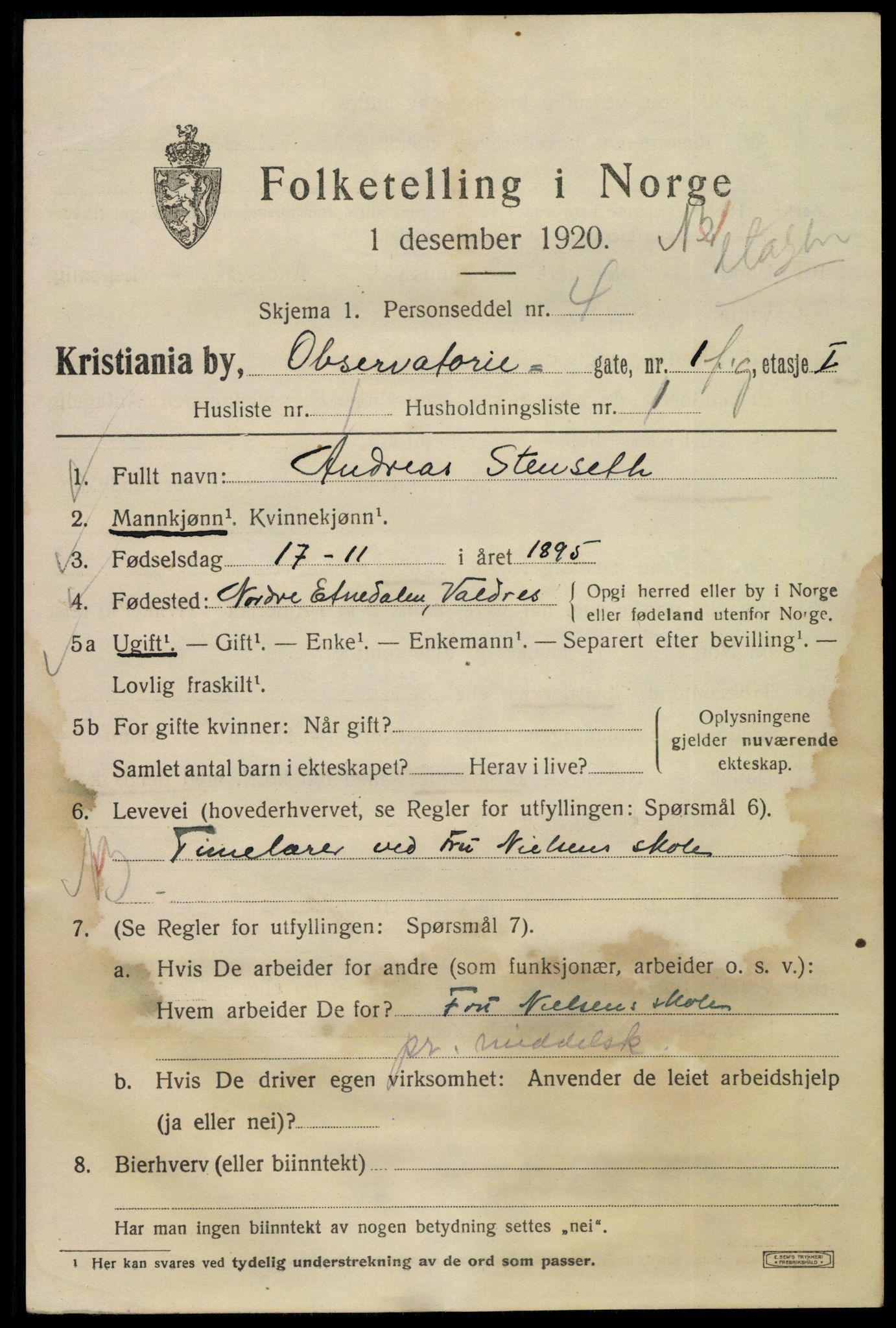 SAO, 1920 census for Kristiania, 1920, p. 428071