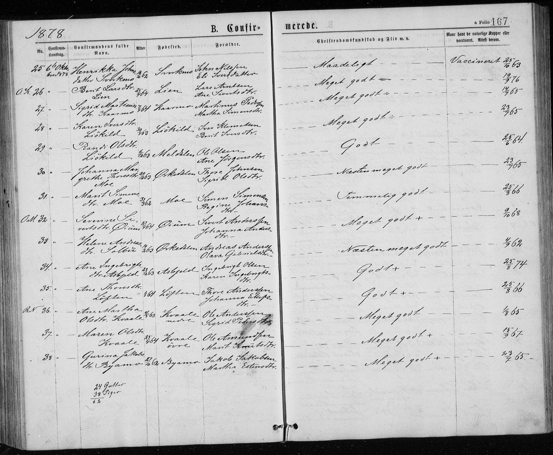 Ministerialprotokoller, klokkerbøker og fødselsregistre - Sør-Trøndelag, AV/SAT-A-1456/671/L0843: Parish register (copy) no. 671C02, 1873-1892, p. 167