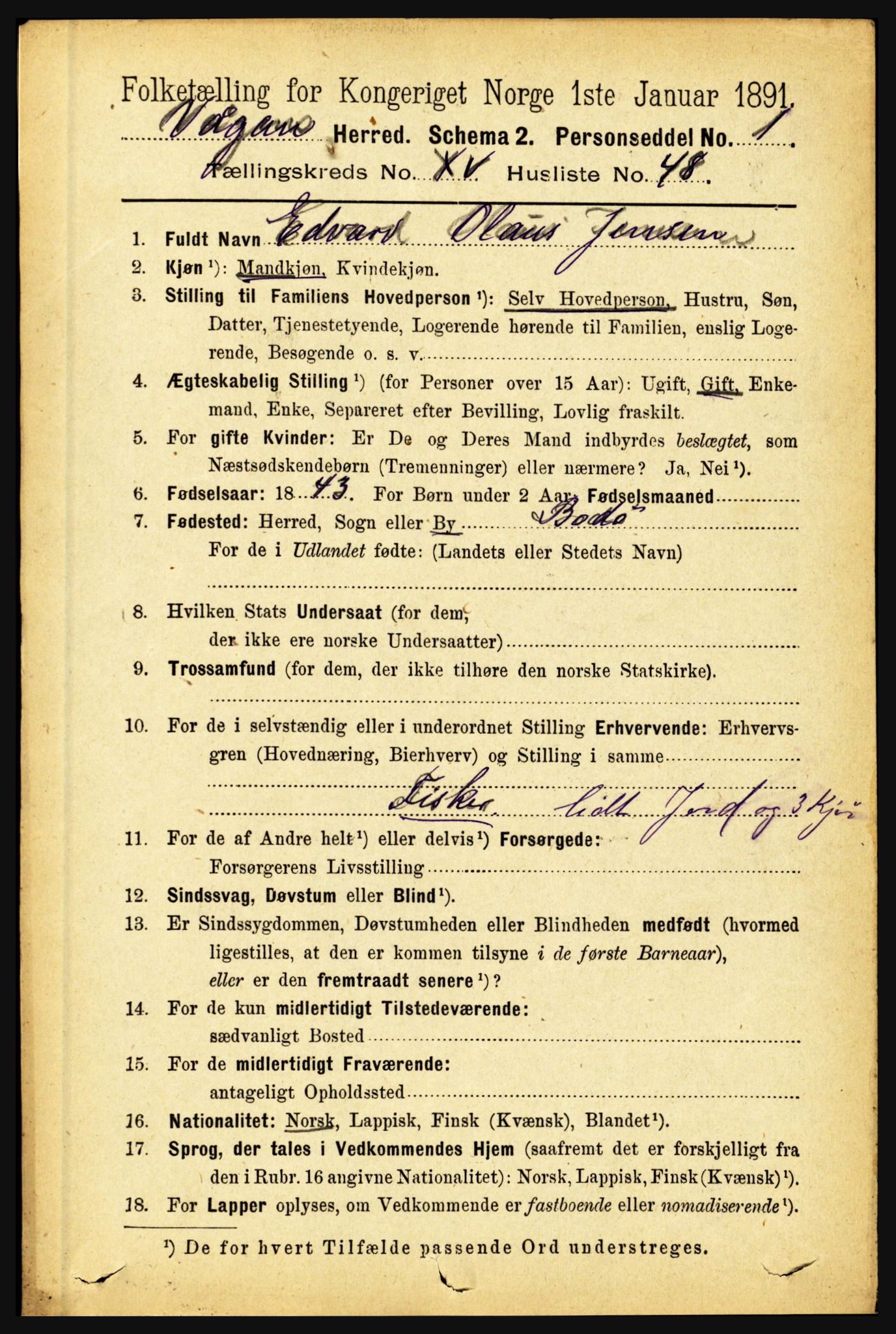 RA, 1891 census for 1865 Vågan, 1891, p. 4506