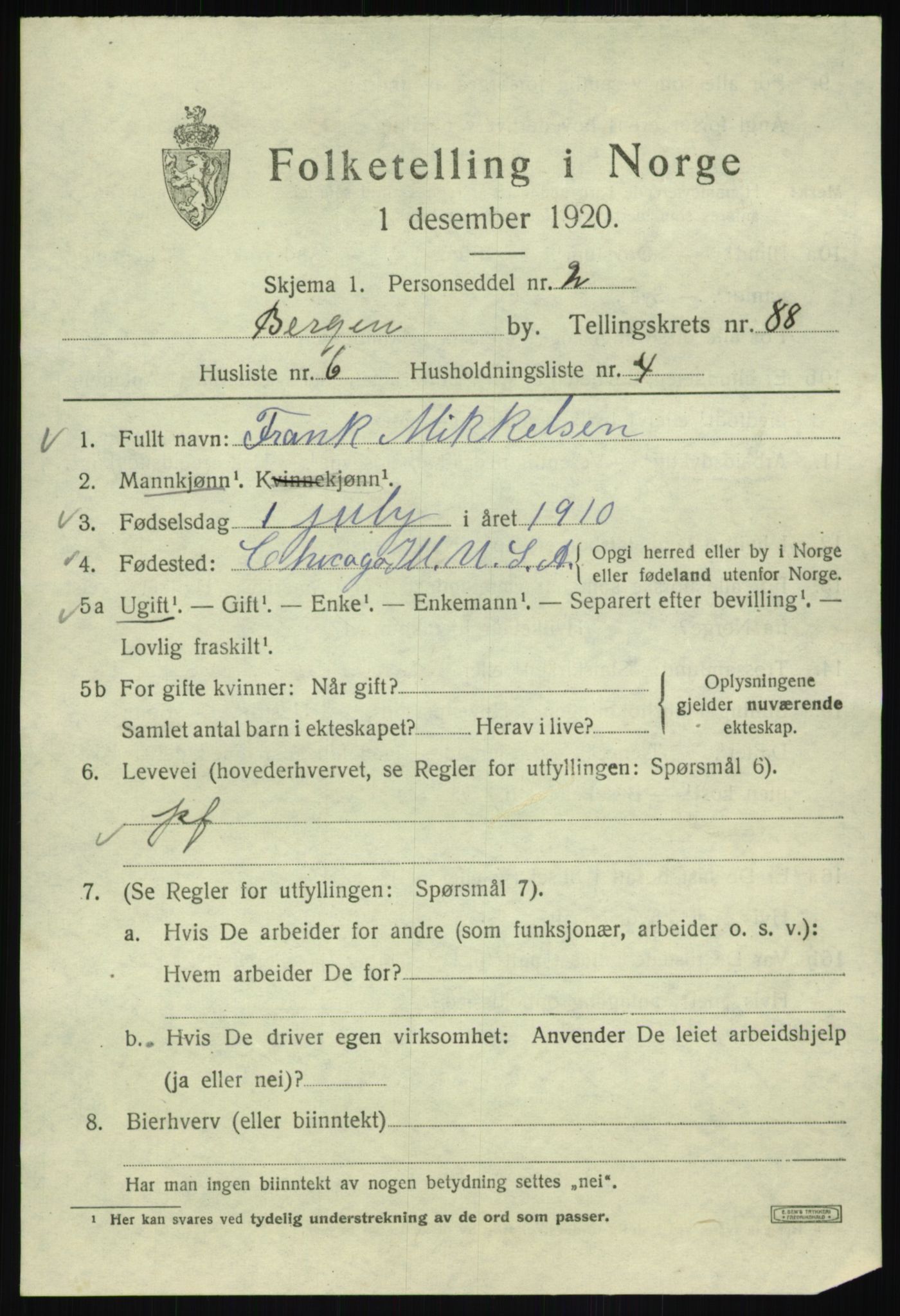 SAB, 1920 census for Bergen, 1920, p. 160844