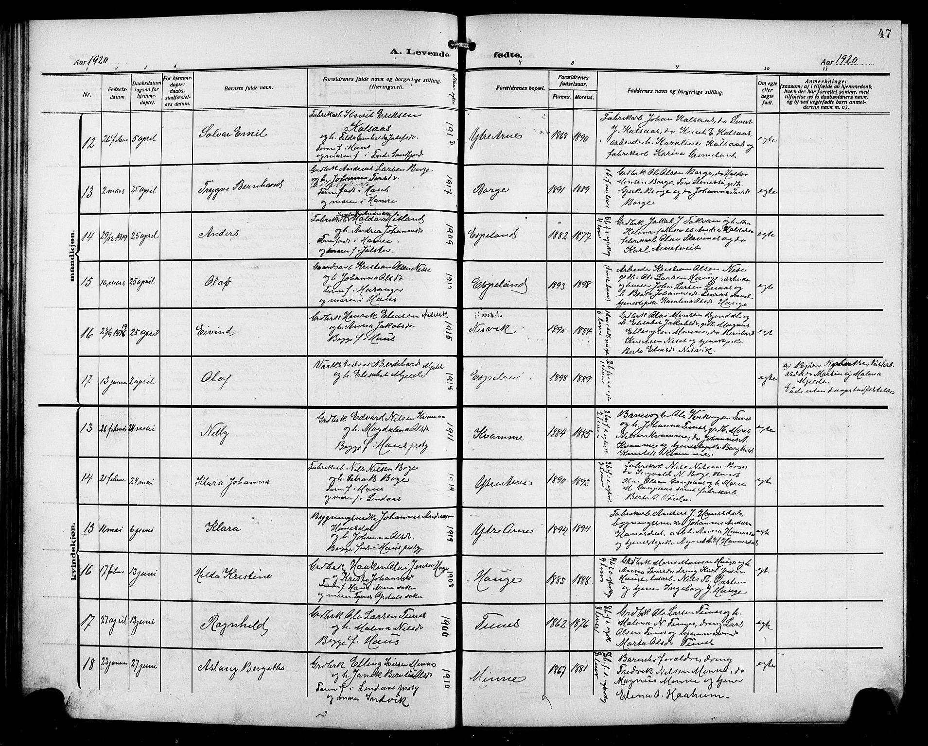 Arna Sokneprestembete, AV/SAB-A-74001/H/Ha/Hab: Parish register (copy) no. A 5, 1911-1921, p. 47