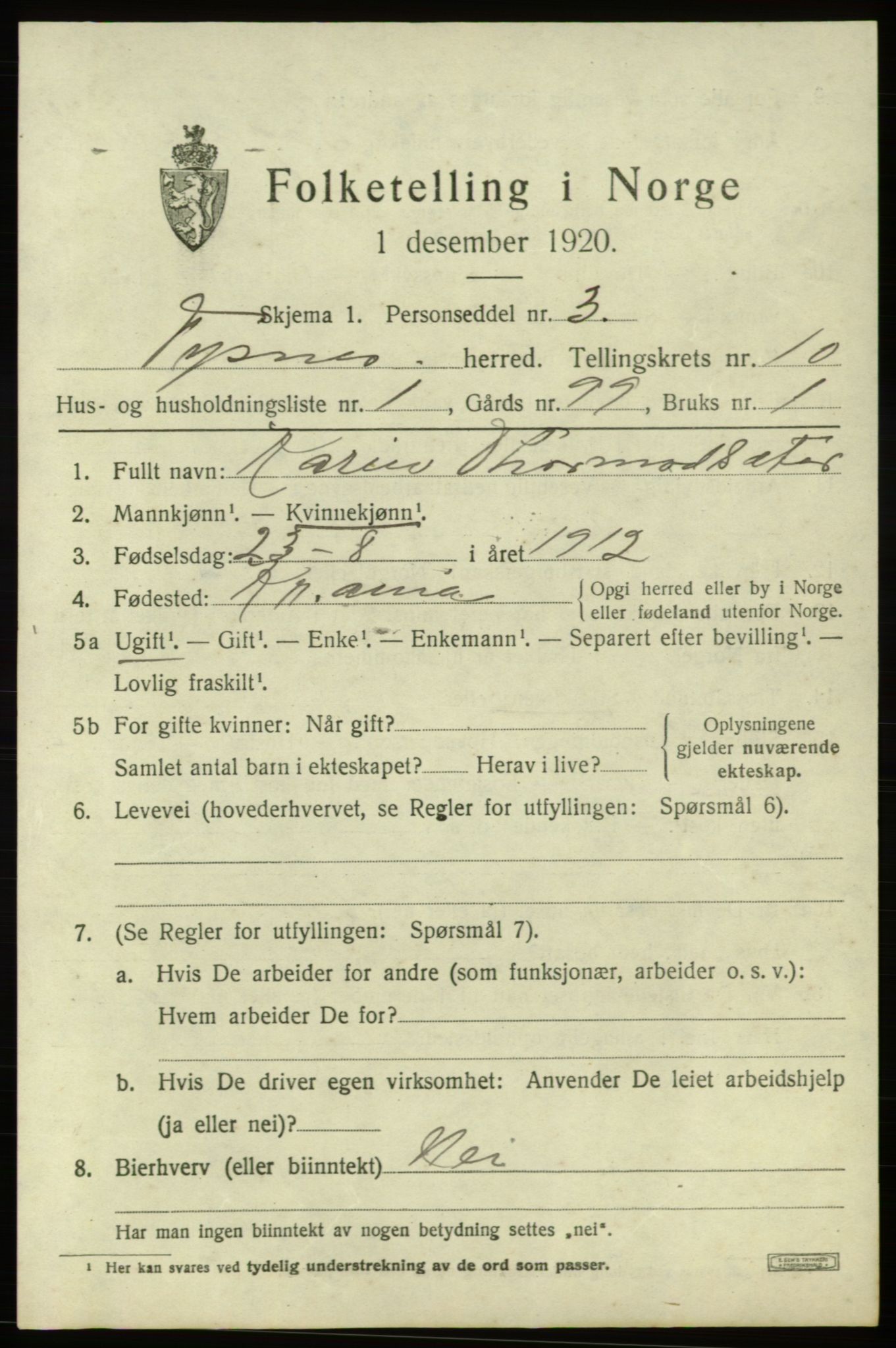 SAB, 1920 census for Tysnes, 1920, p. 7214