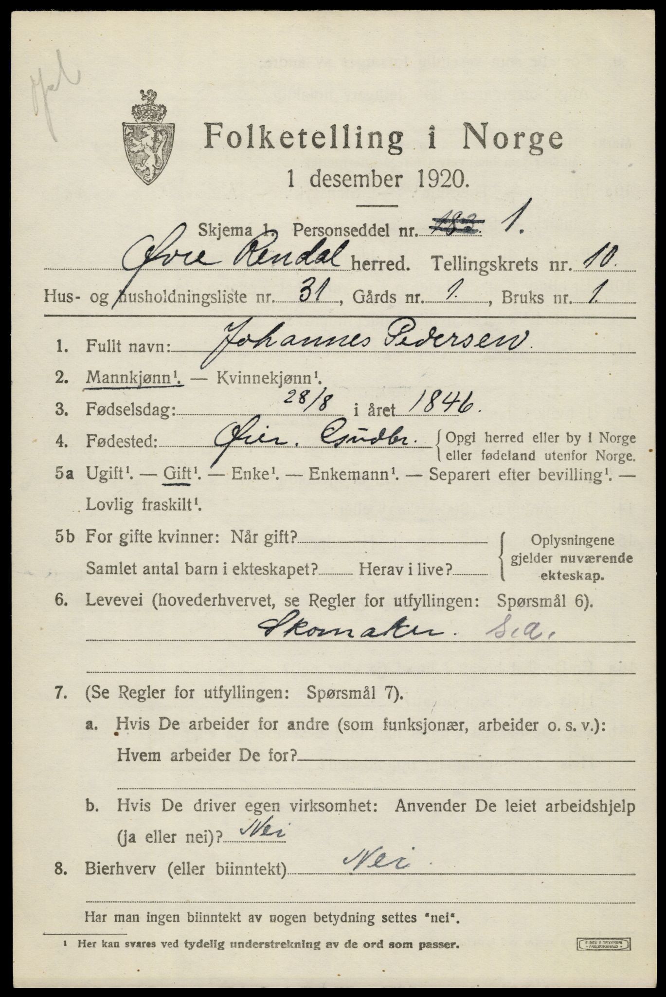 SAH, 1920 census for Øvre Rendal, 1920, p. 4275