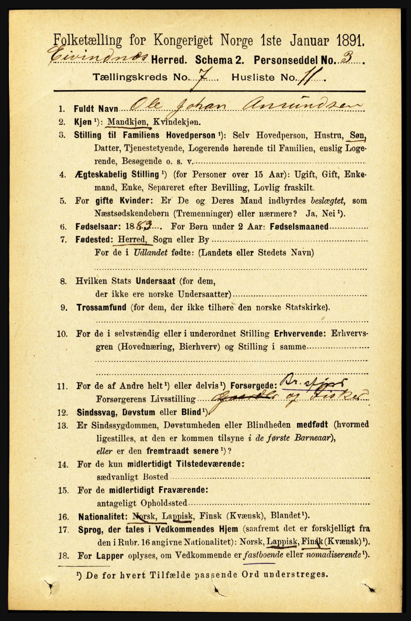 RA, 1891 census for 1853 Evenes, 1891, p. 2233