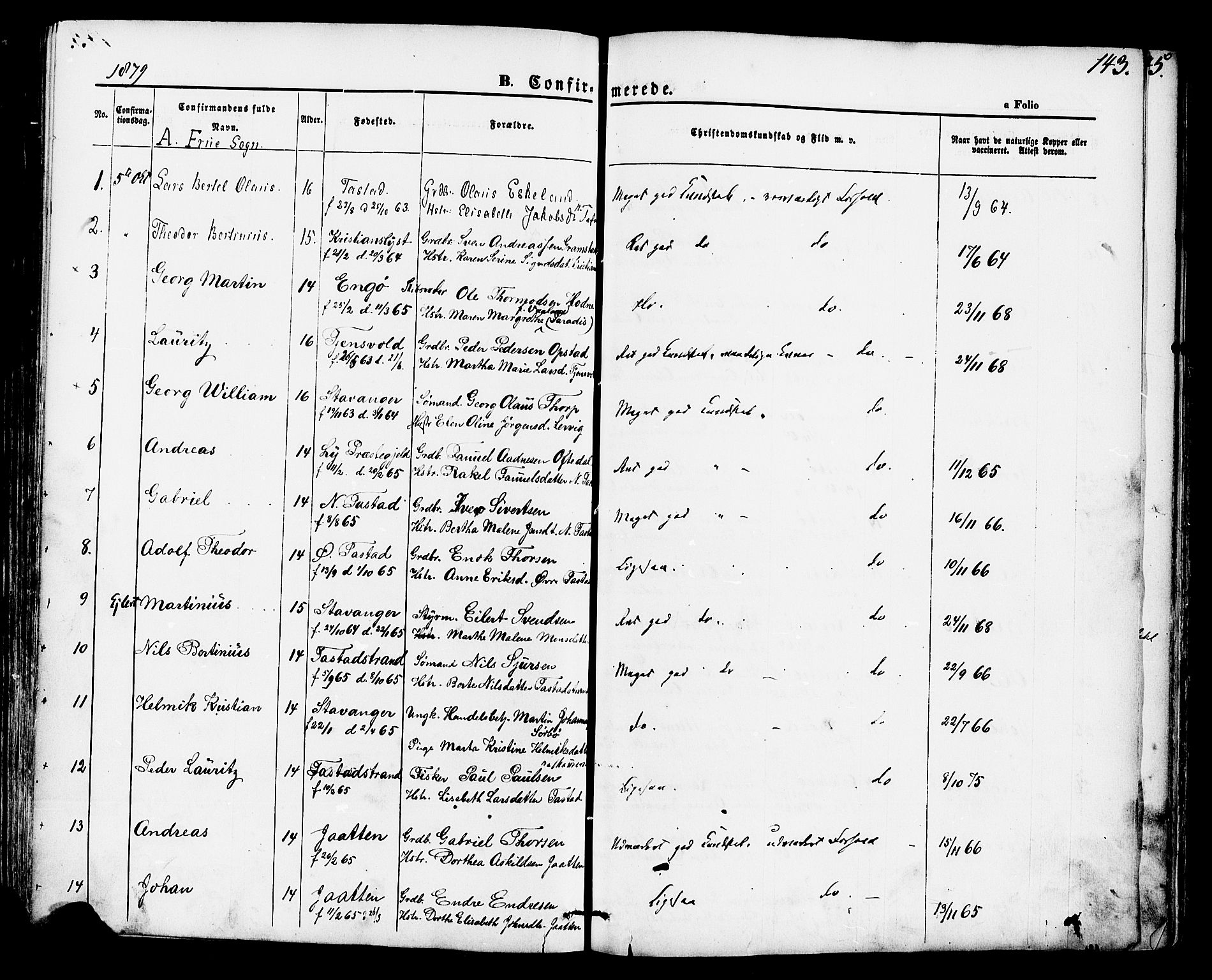 Hetland sokneprestkontor, SAST/A-101826/30/30BA/L0004: Parish register (official) no. A 4, 1862-1881, p. 143