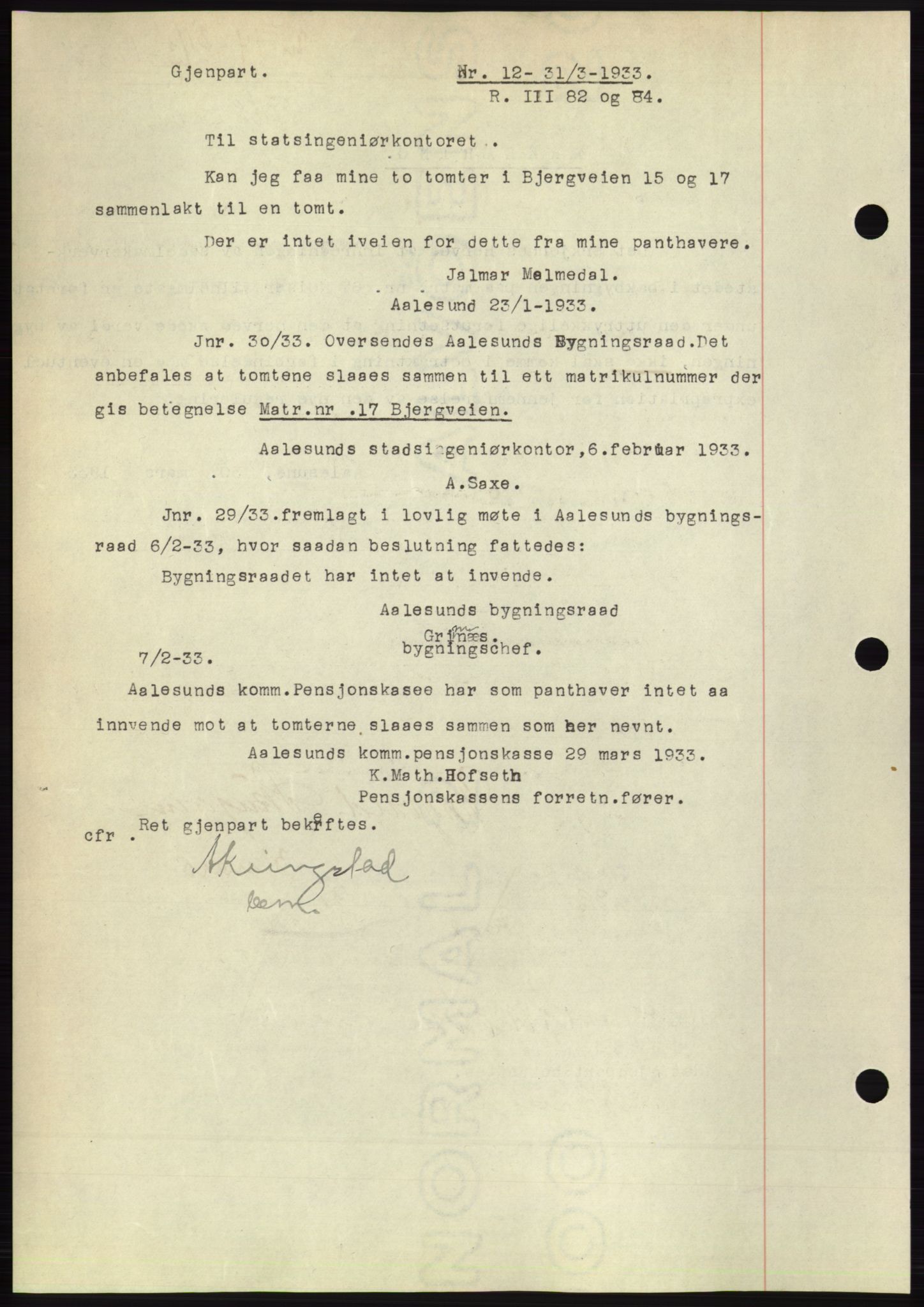 Ålesund byfogd, AV/SAT-A-4384: Mortgage book no. 30, 1932-1933, Deed date: 31.03.1933