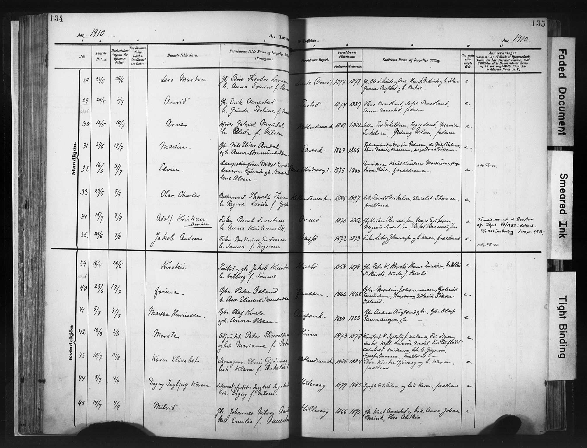 Hetland sokneprestkontor, AV/SAST-A-101826/30/30BA/L0013: Parish register (official) no. A 13, 1904-1918, p. 134-135